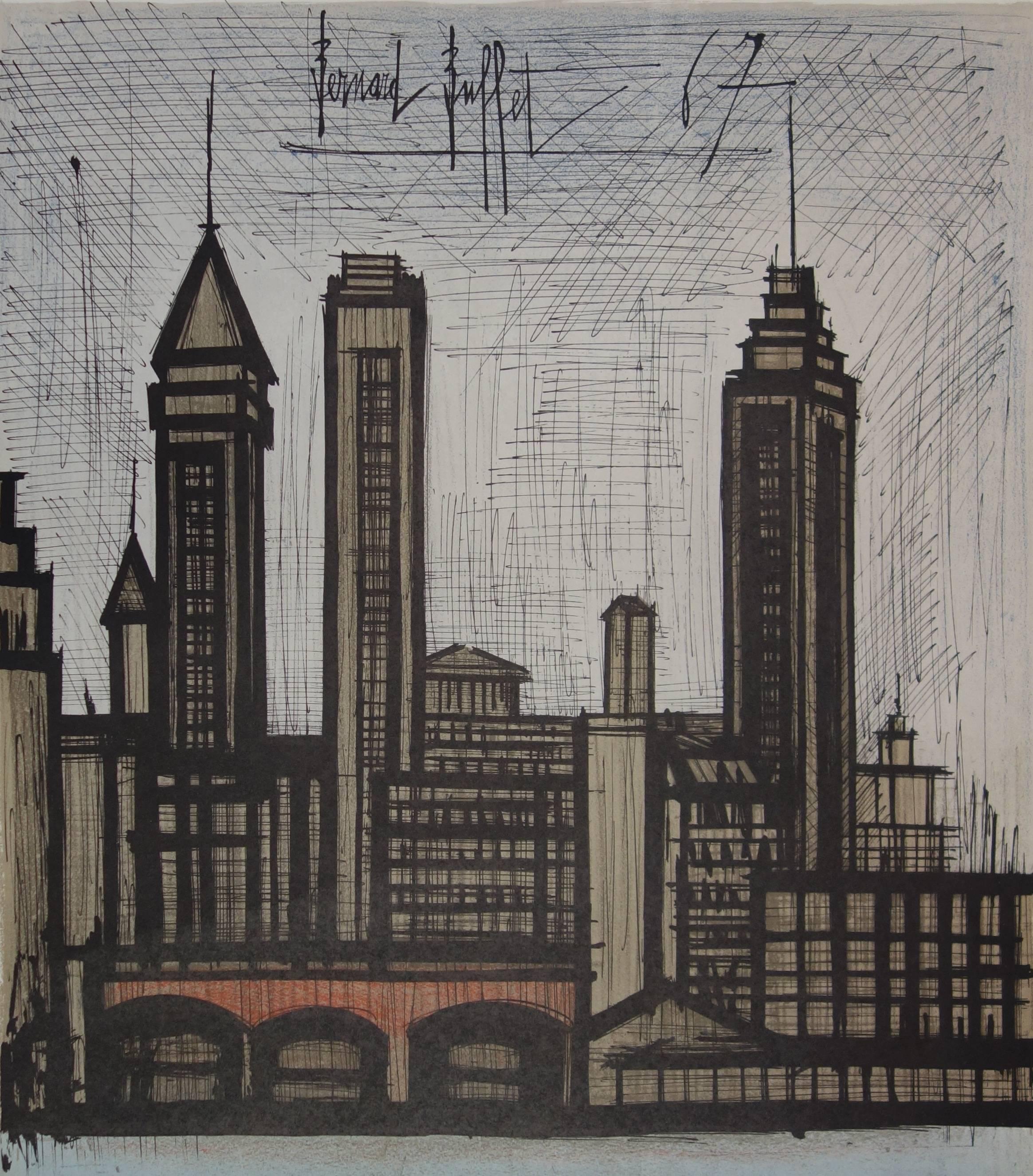 Gebäude in New York – Originallithographie – Mourlot 1967 (Realismus), Print, von Bernard Buffet