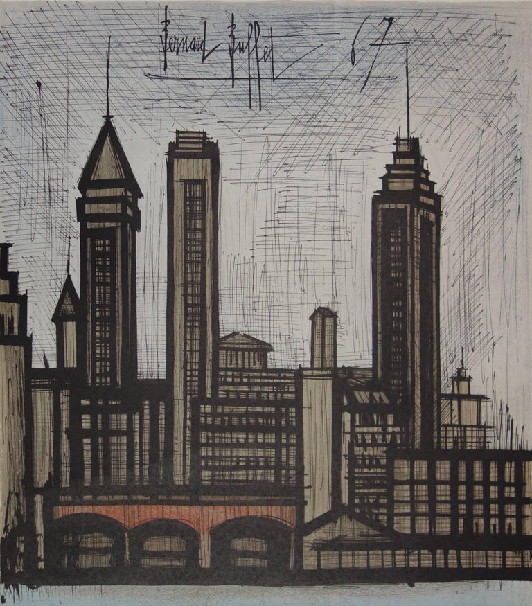 Buildings in New York - Original lithograph - Mourlot 1967 - Realist Print by Bernard Buffet