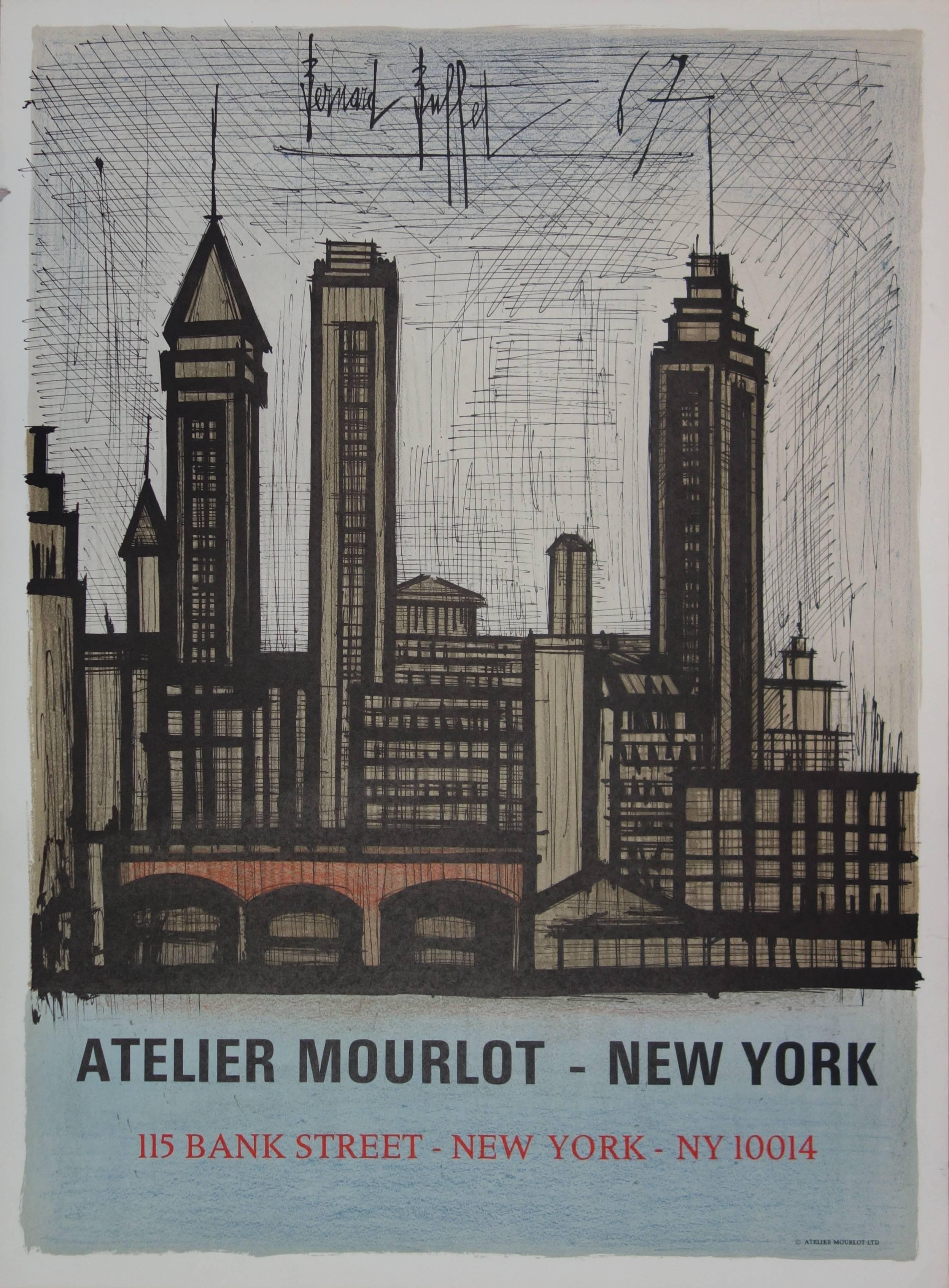 Bernard Buffet Landscape Print - Buildings in New York - Original lithograph - Mourlot 1967