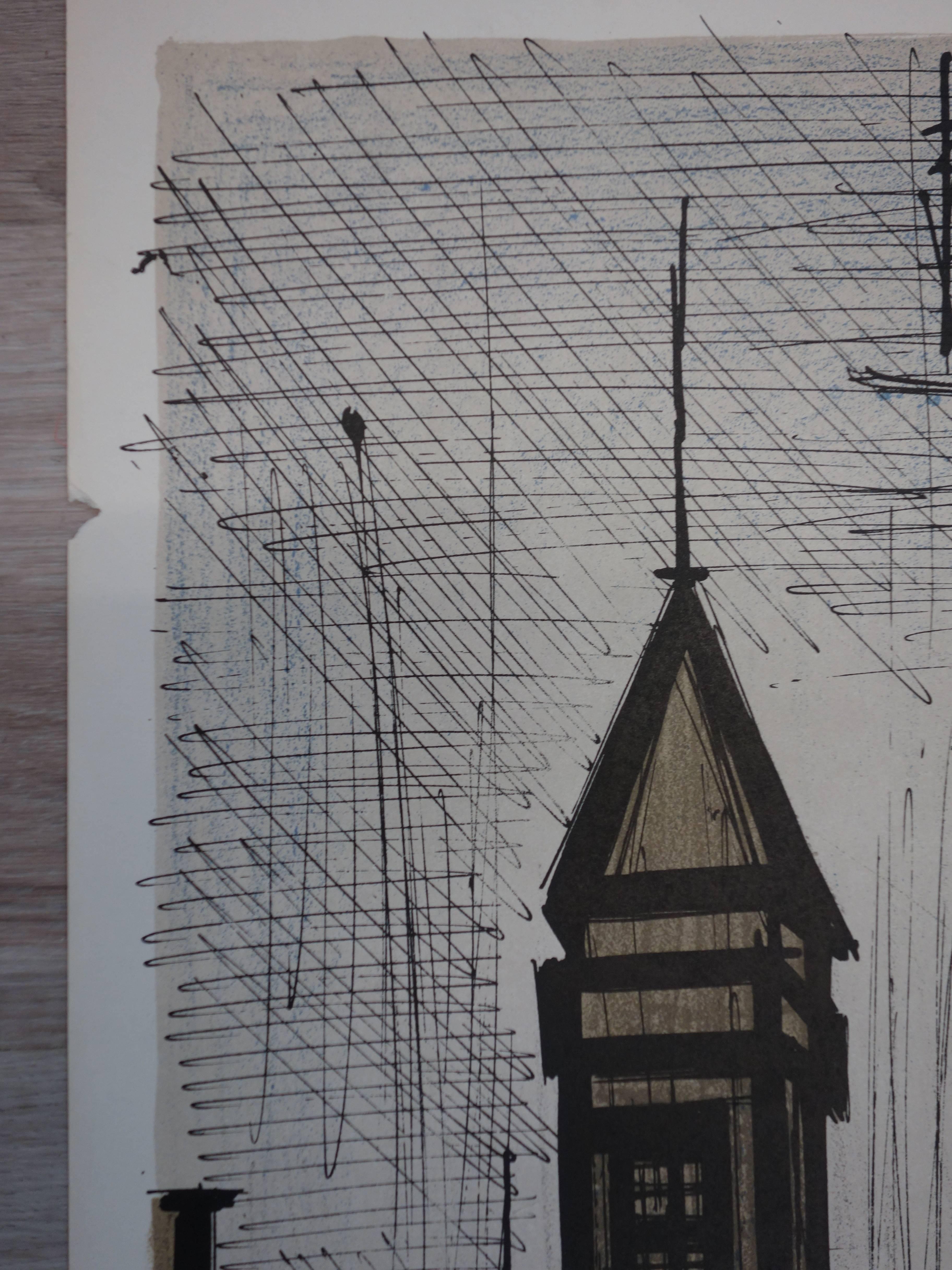 Edifici a New York - Litografia originale - Mourlot 1967 - Landscape Print Grigio di Bernard Buffet