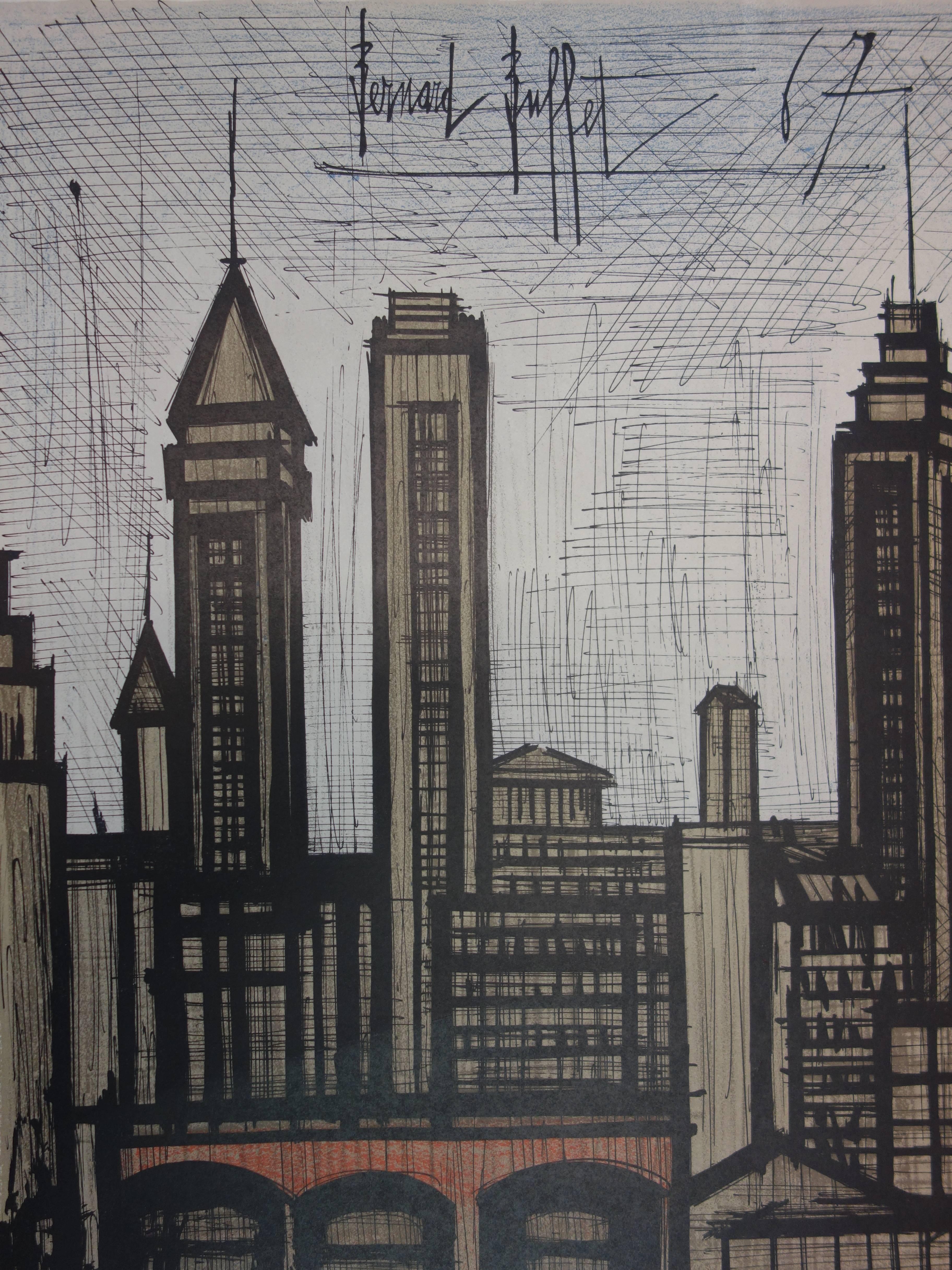 Buildings in New York - Original lithograph - Mourlot 1967 - Realist Print by Bernard Buffet