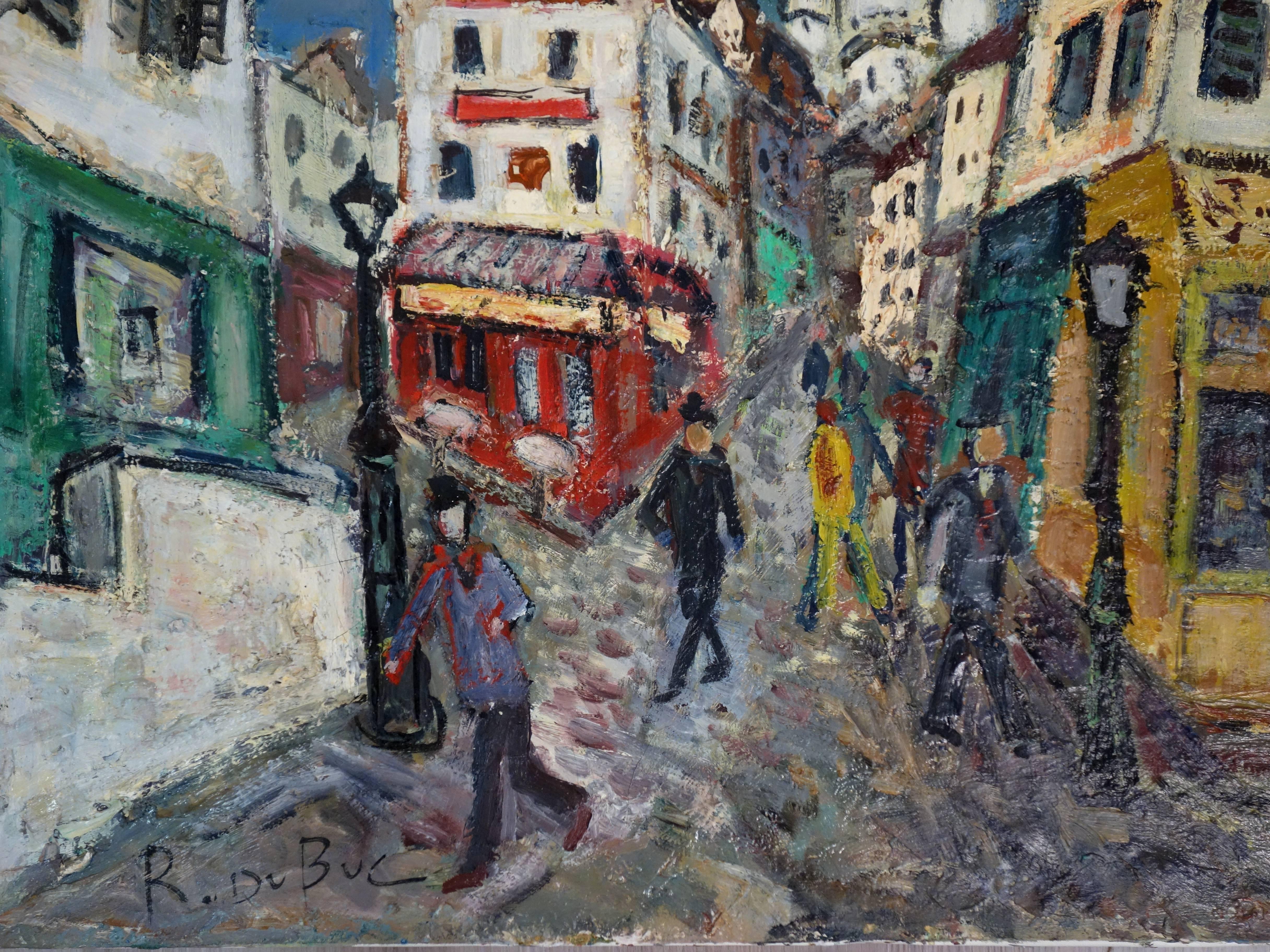 Paris, Montmartre : Sacre Coeur Viewed from Rue Norvins - Oil on Canvas #Signed - Gray Landscape Painting by Roland DUBUC