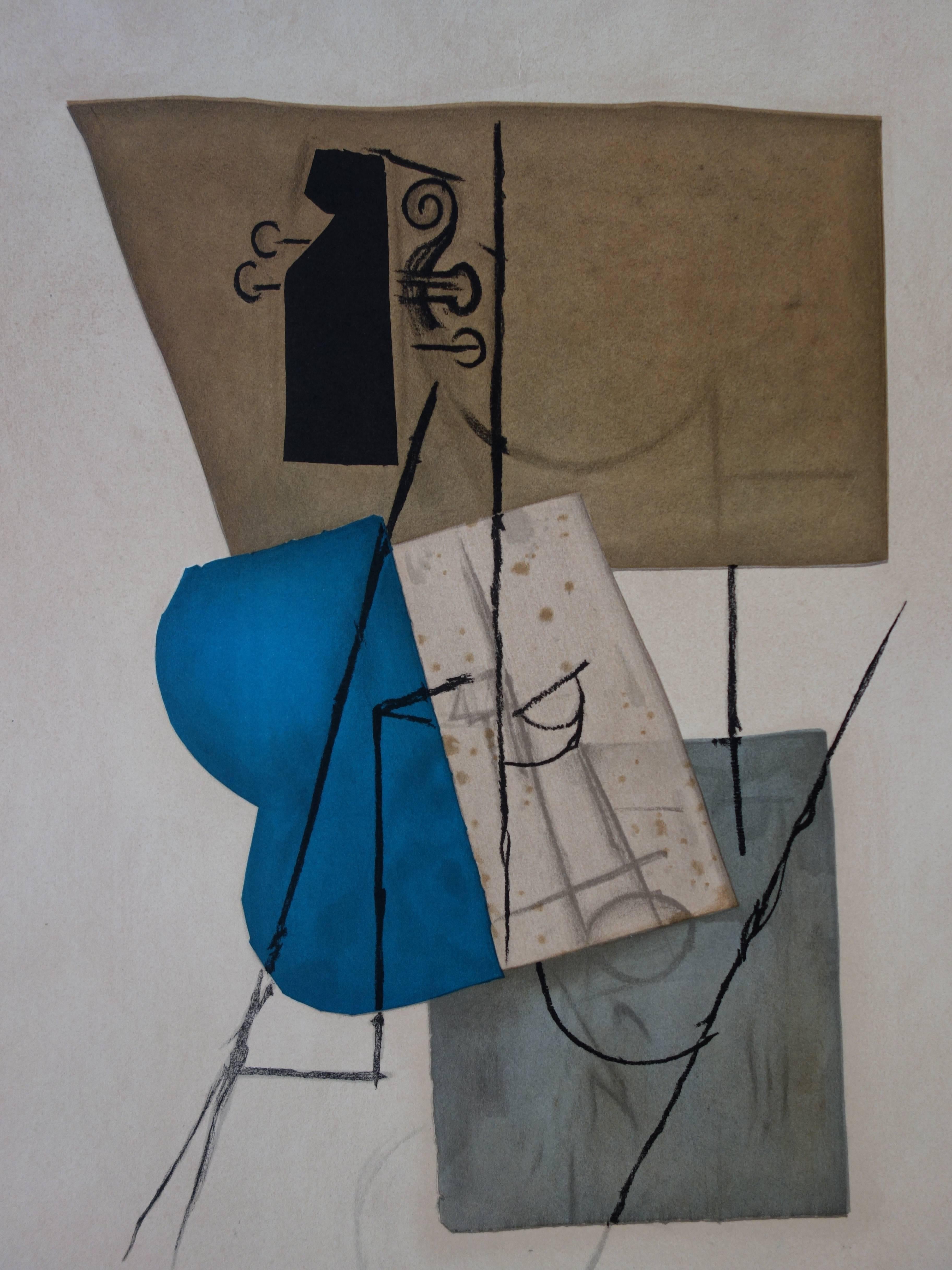 Cubist Guitar - Lithograph - Mourlot 1970 - Gray Still-Life Print by (after) Pablo Picasso