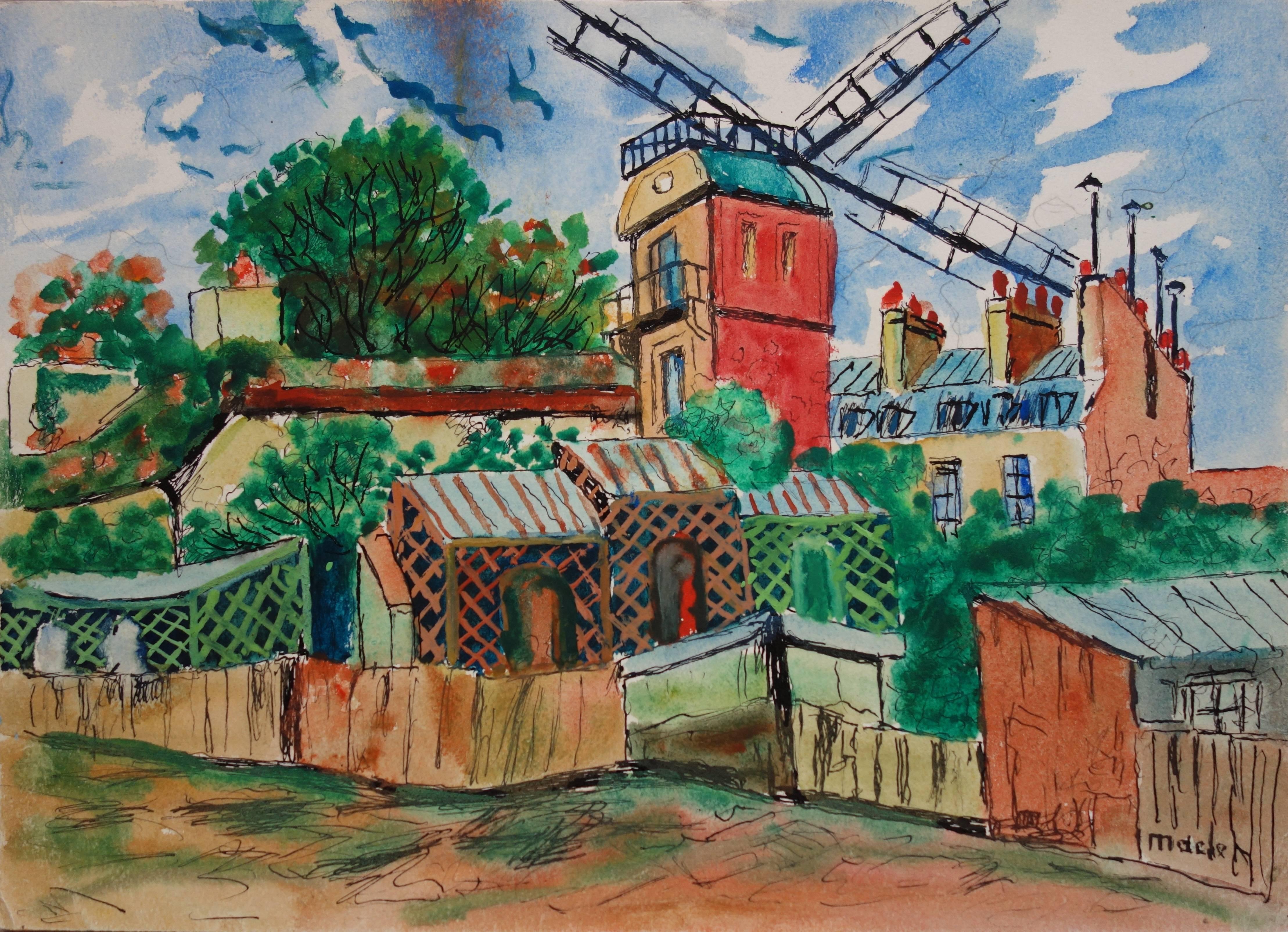 Elisée Maclet Landscape Art - Paris Montmartre : Galette Windmill - Handsigned water color - circa 1950