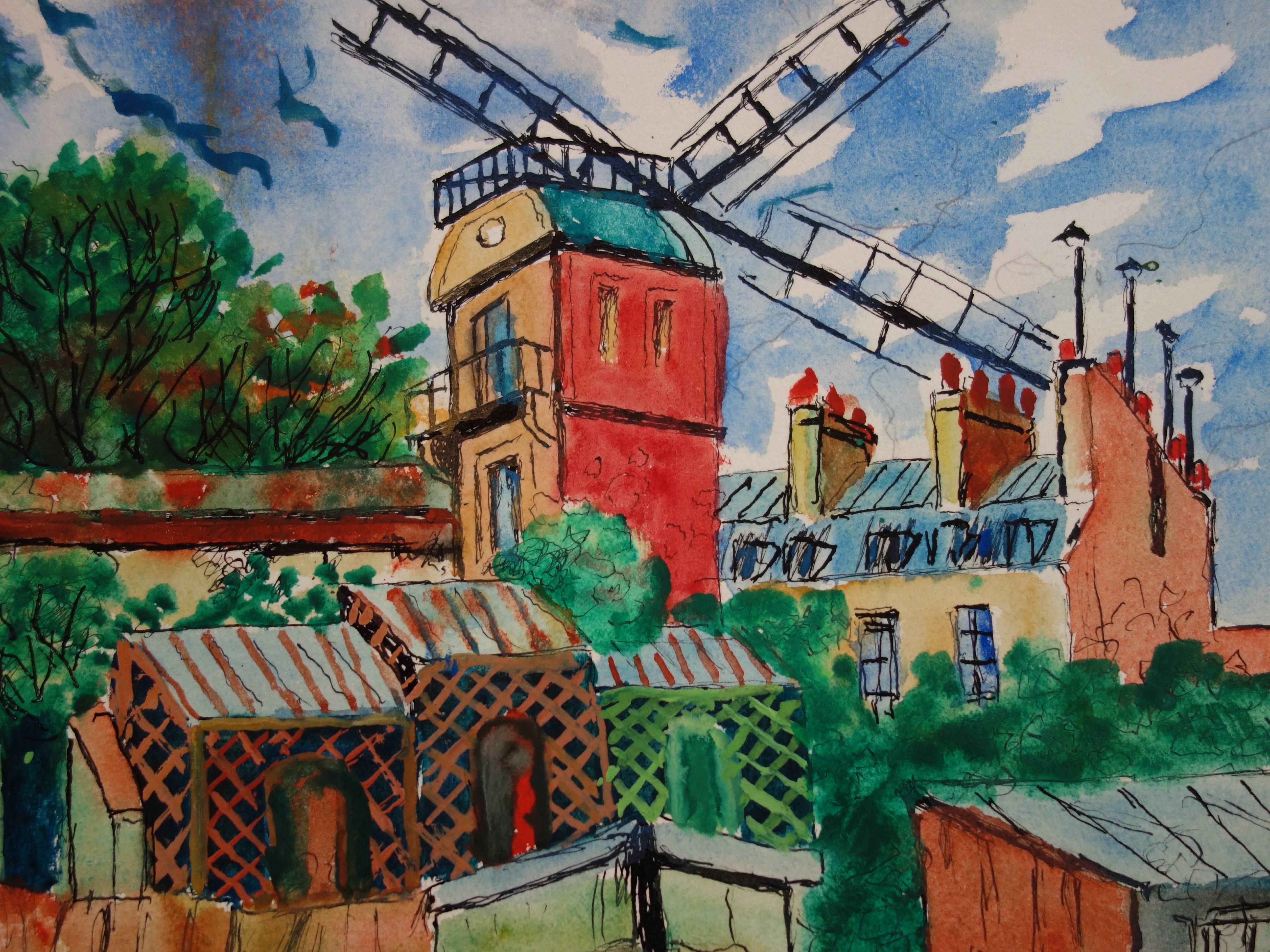 Montmartre Paris Montmartre : Moulin à vent Galette - Aquarelle signée à la main - vers 1950 - Post-impressionnisme Art par Elisée Maclet