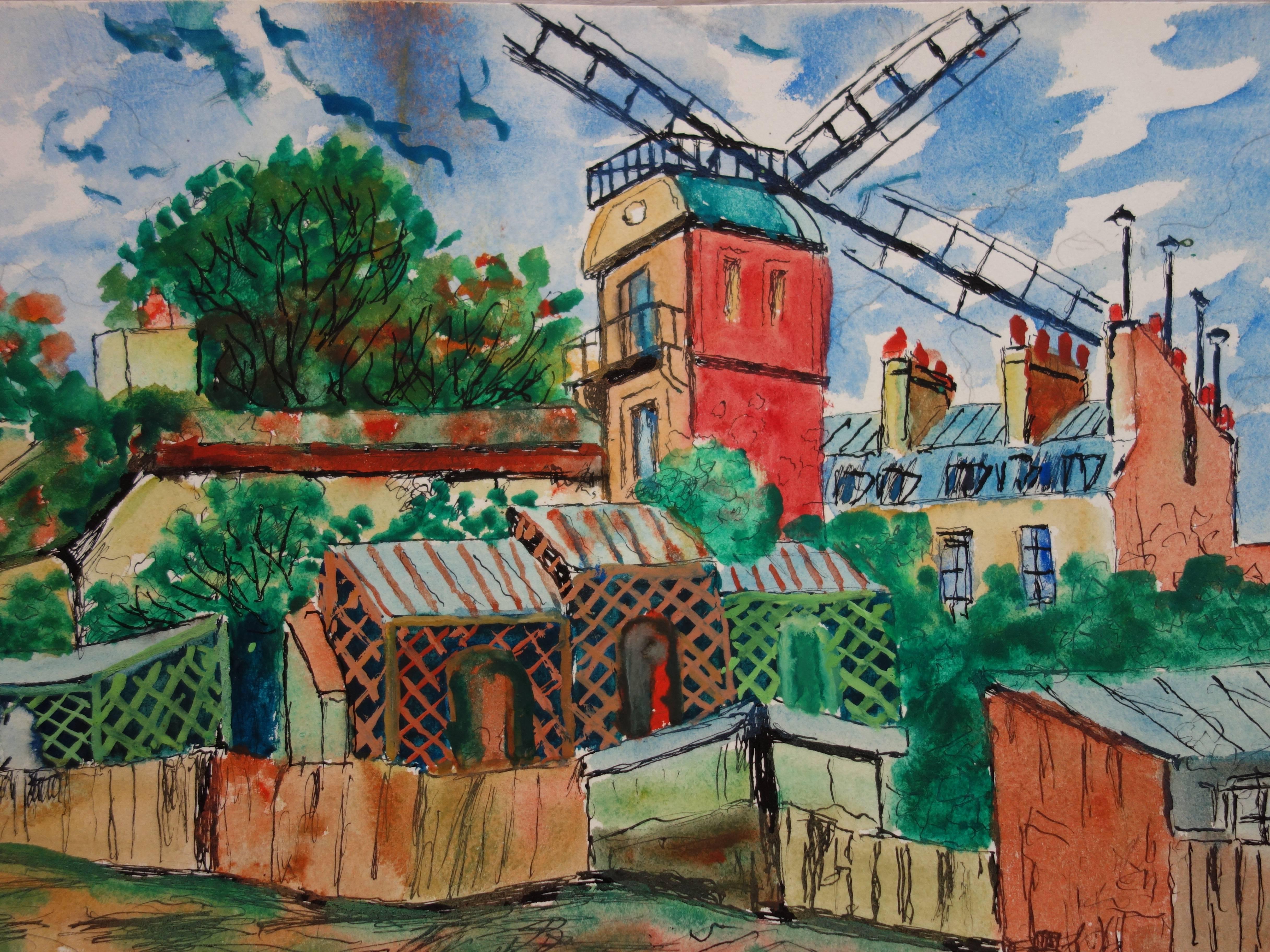Montmartre Paris Montmartre : Moulin à vent Galette - Aquarelle signée à la main - vers 1950 - Gris Landscape Art par Elisée Maclet