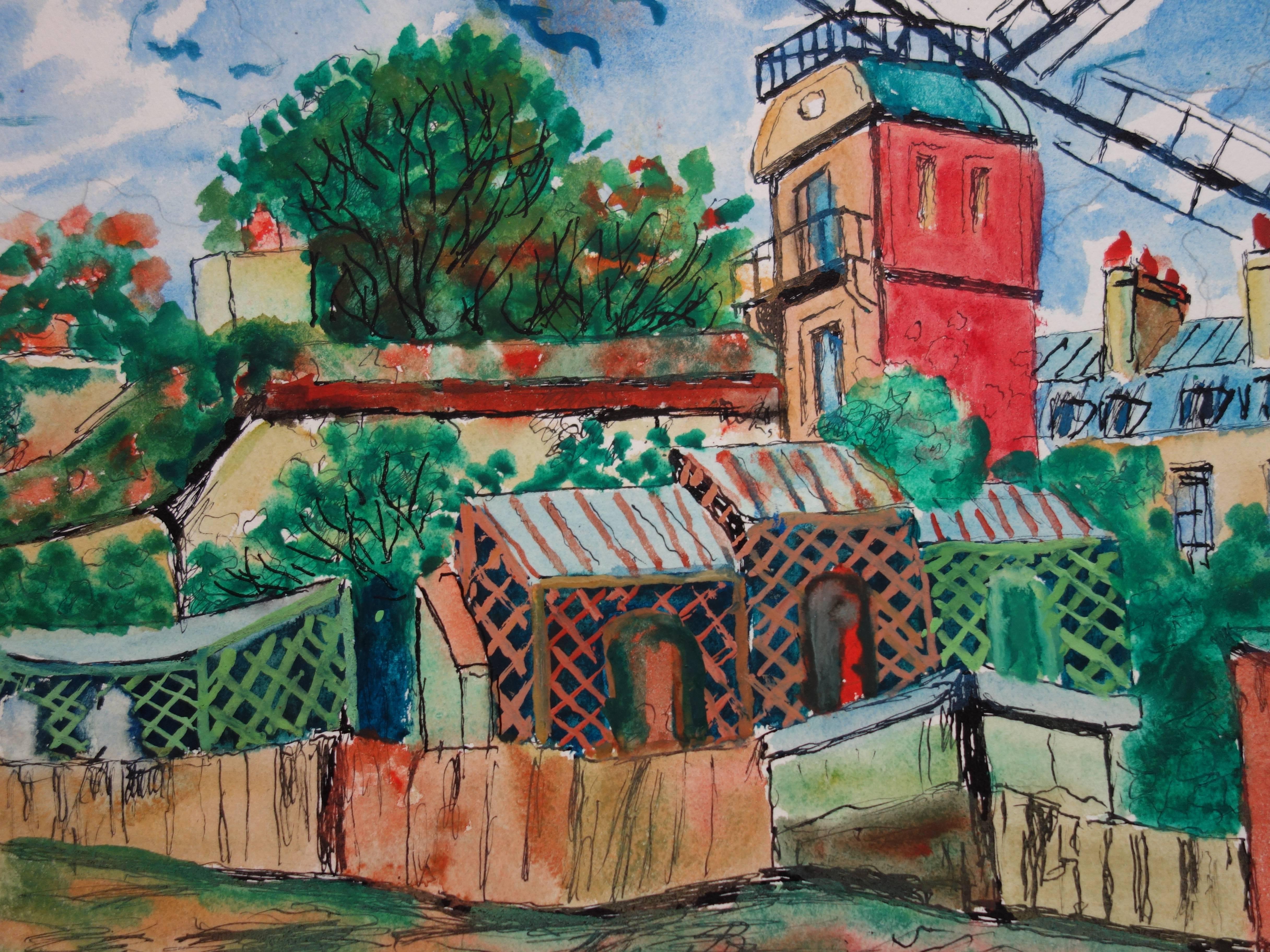 Paris Montmartre : Galette Windmill - Handsigned water color - circa 1950 - Post-Impressionist Art by Elisée Maclet