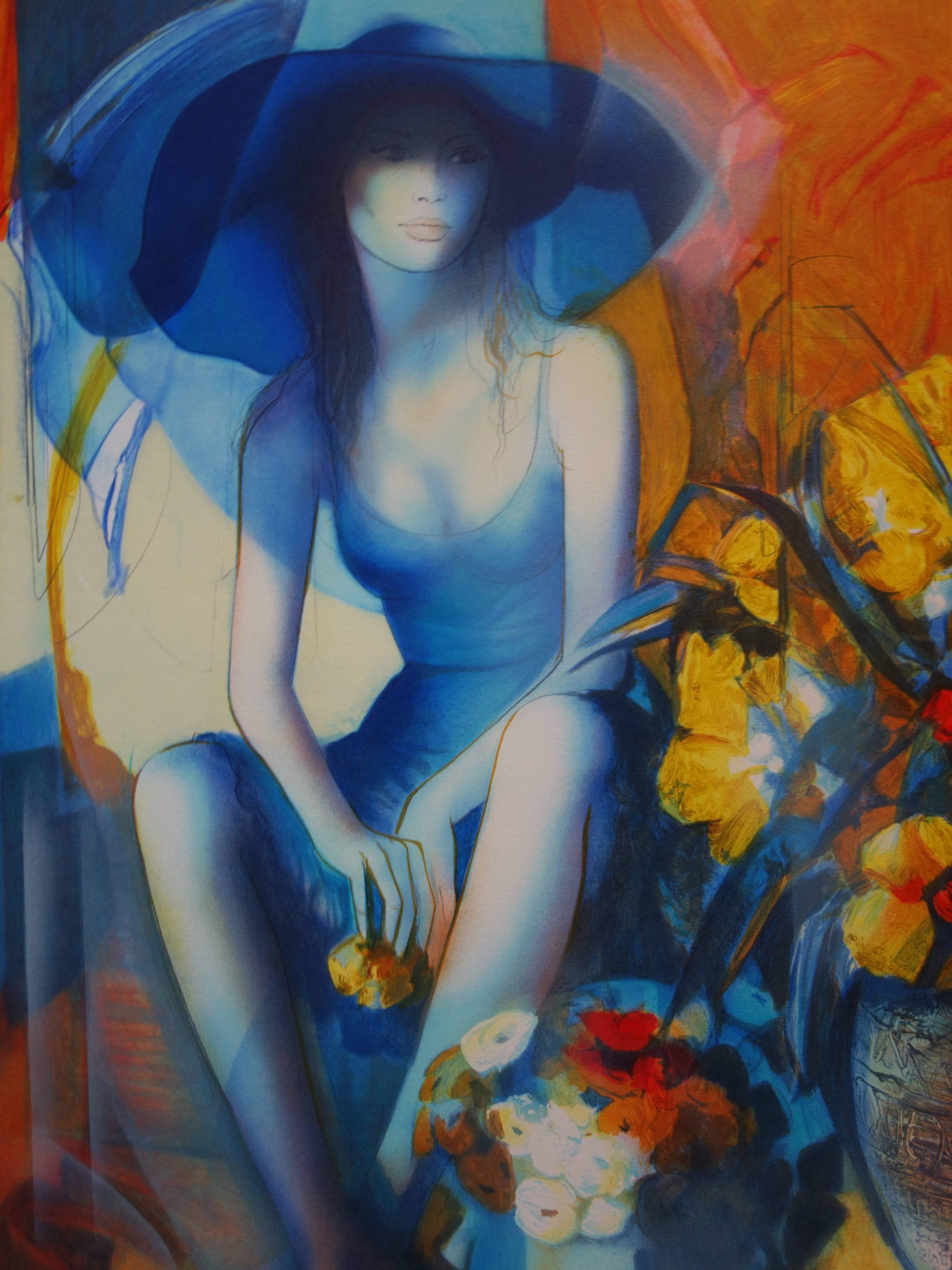 Manon with Flowers - Original handsigned lithograph - 199ex - Black Figurative Print by Jean-Baptiste Valadie