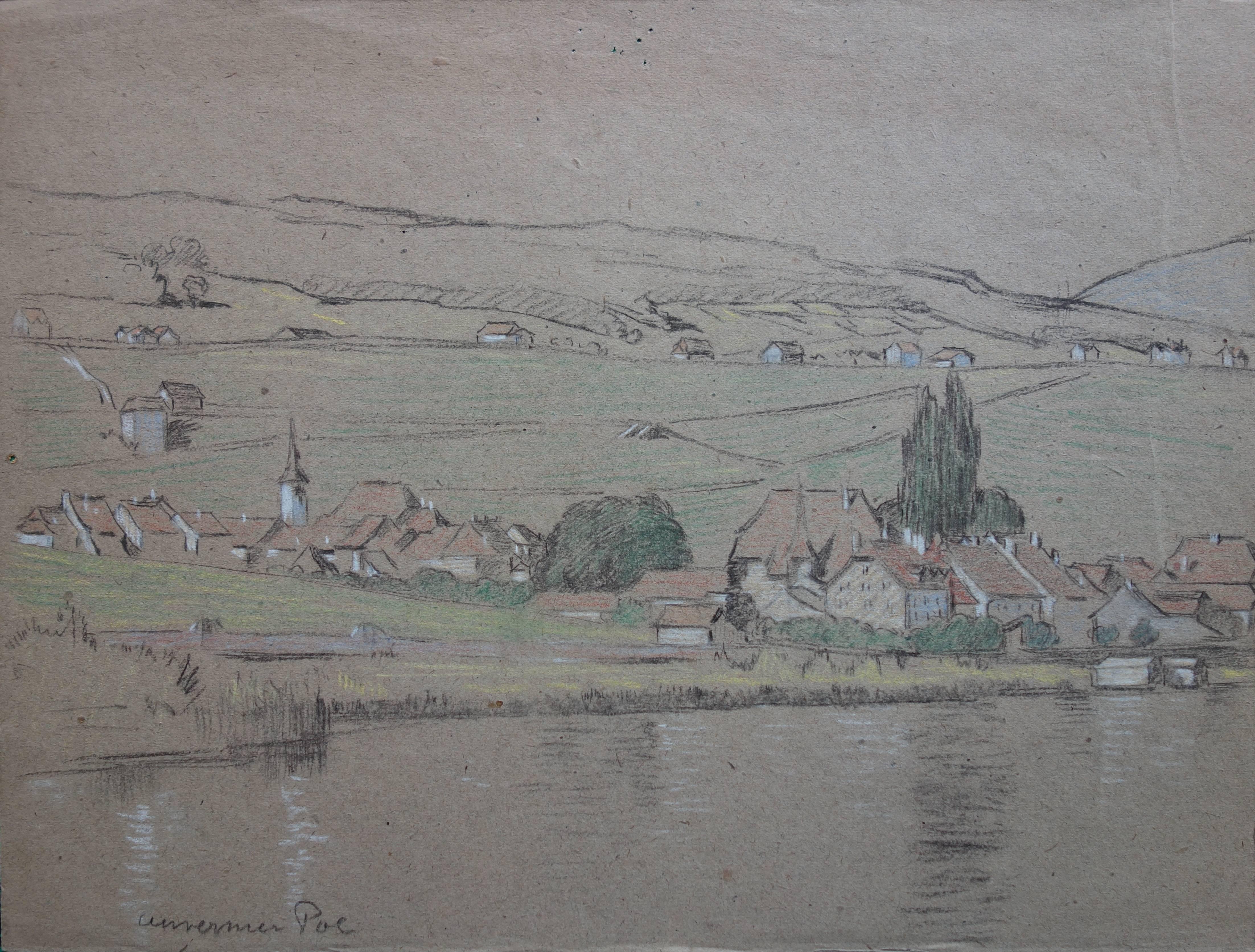 Gustave Poetzsch Landscape Art - Switzerland Lake and Mountain Landscape - Original Signed Charcoals Drawing