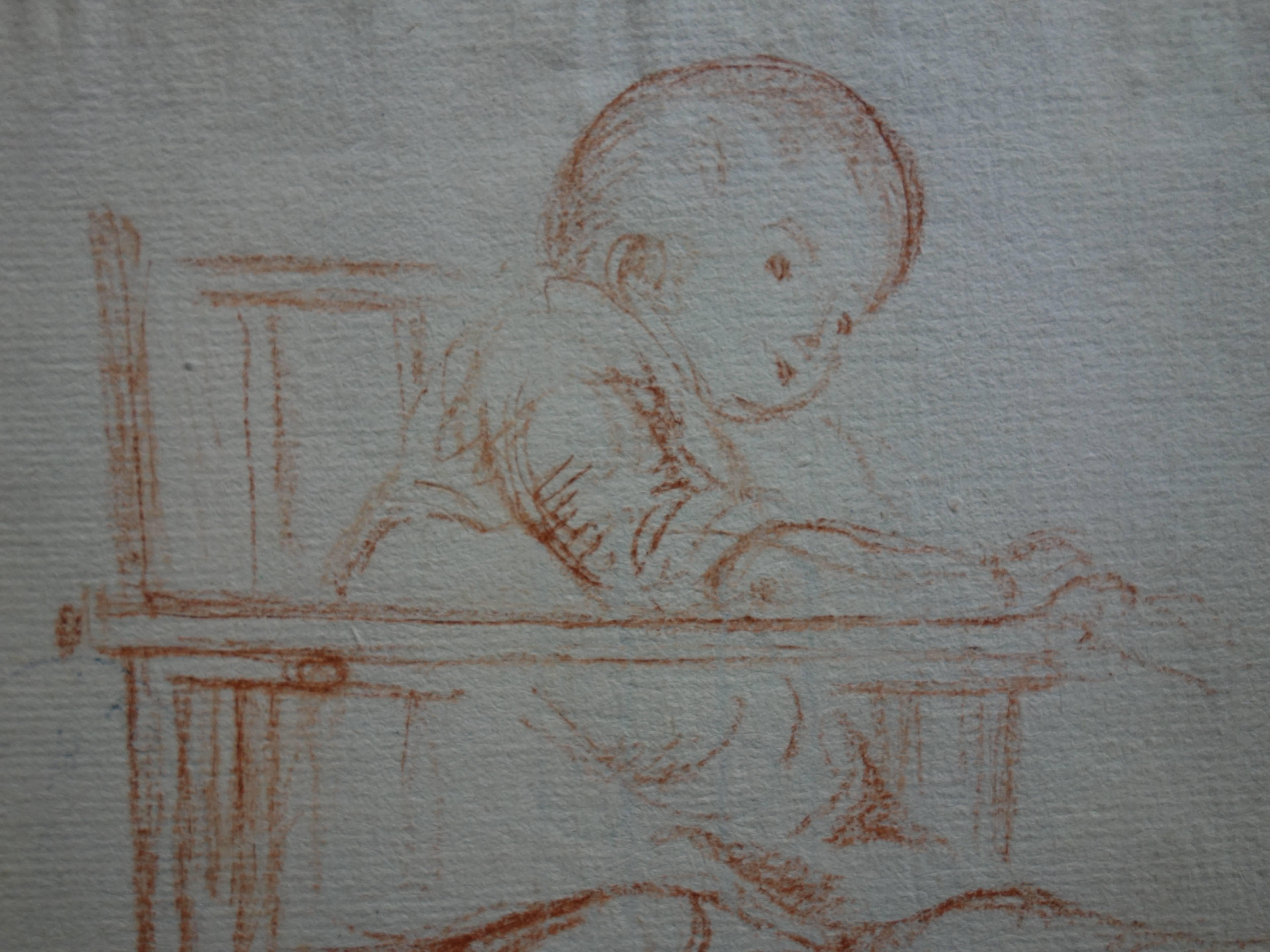 Baby auf einem Stuhl – Original-Zeichnung in Kohle (Realismus), Art, von Gustave Poetzsch