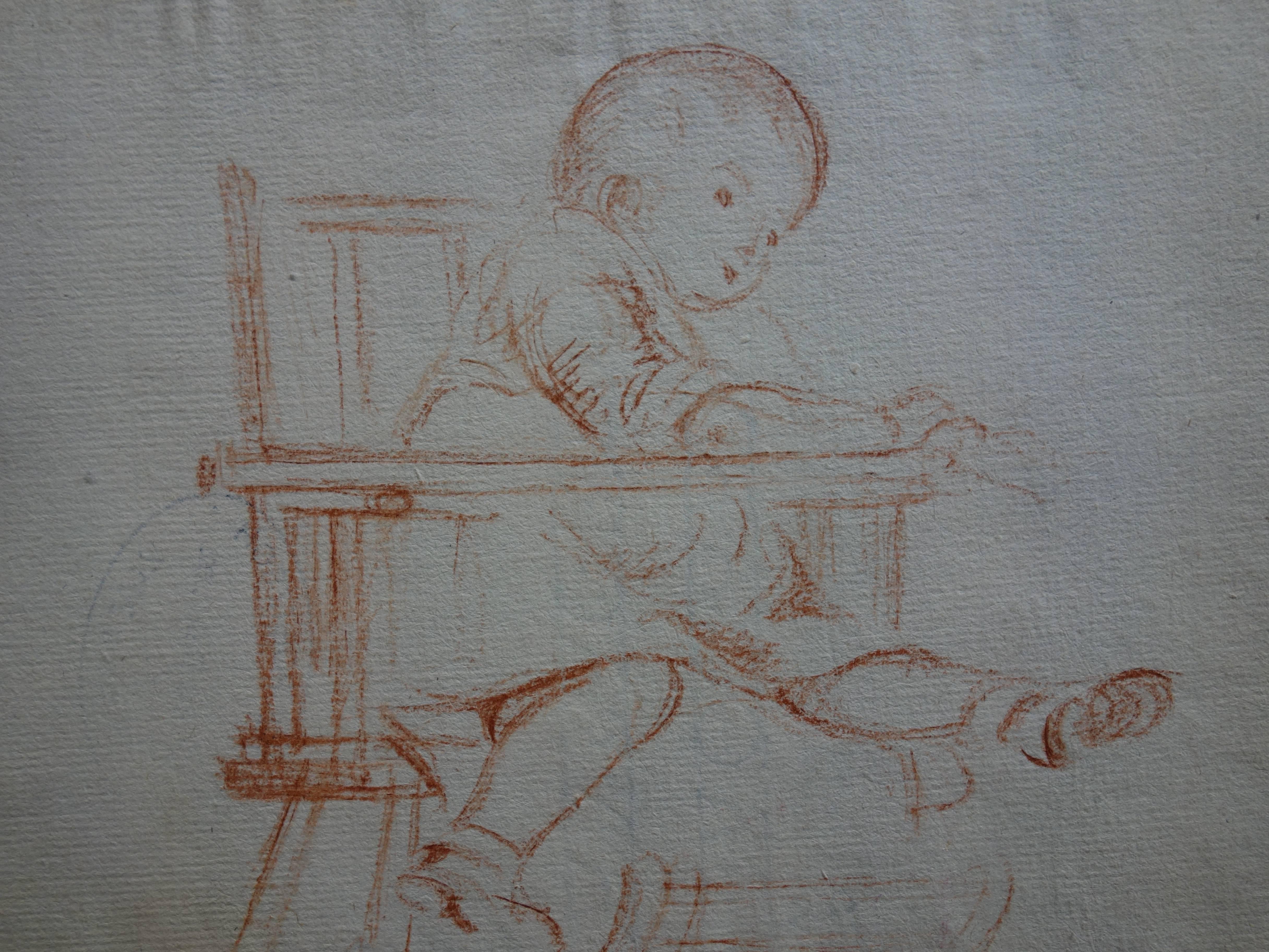 Baby auf einem Stuhl – Original-Zeichnung in Kohle (Grau), Figurative Art, von Gustave Poetzsch