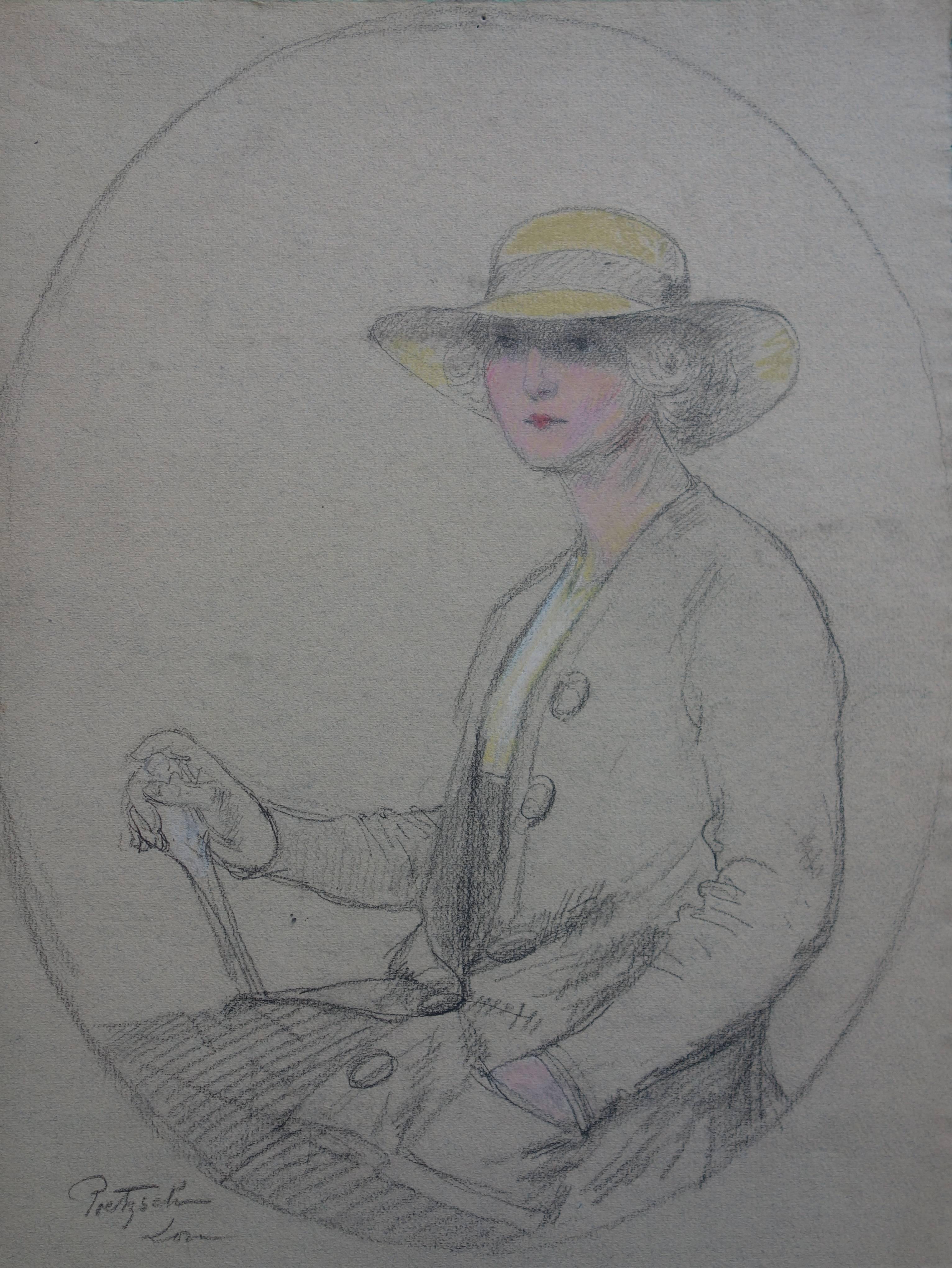 Lady Wearing a Yellow Hat - Original Signed Charcoals Drawing