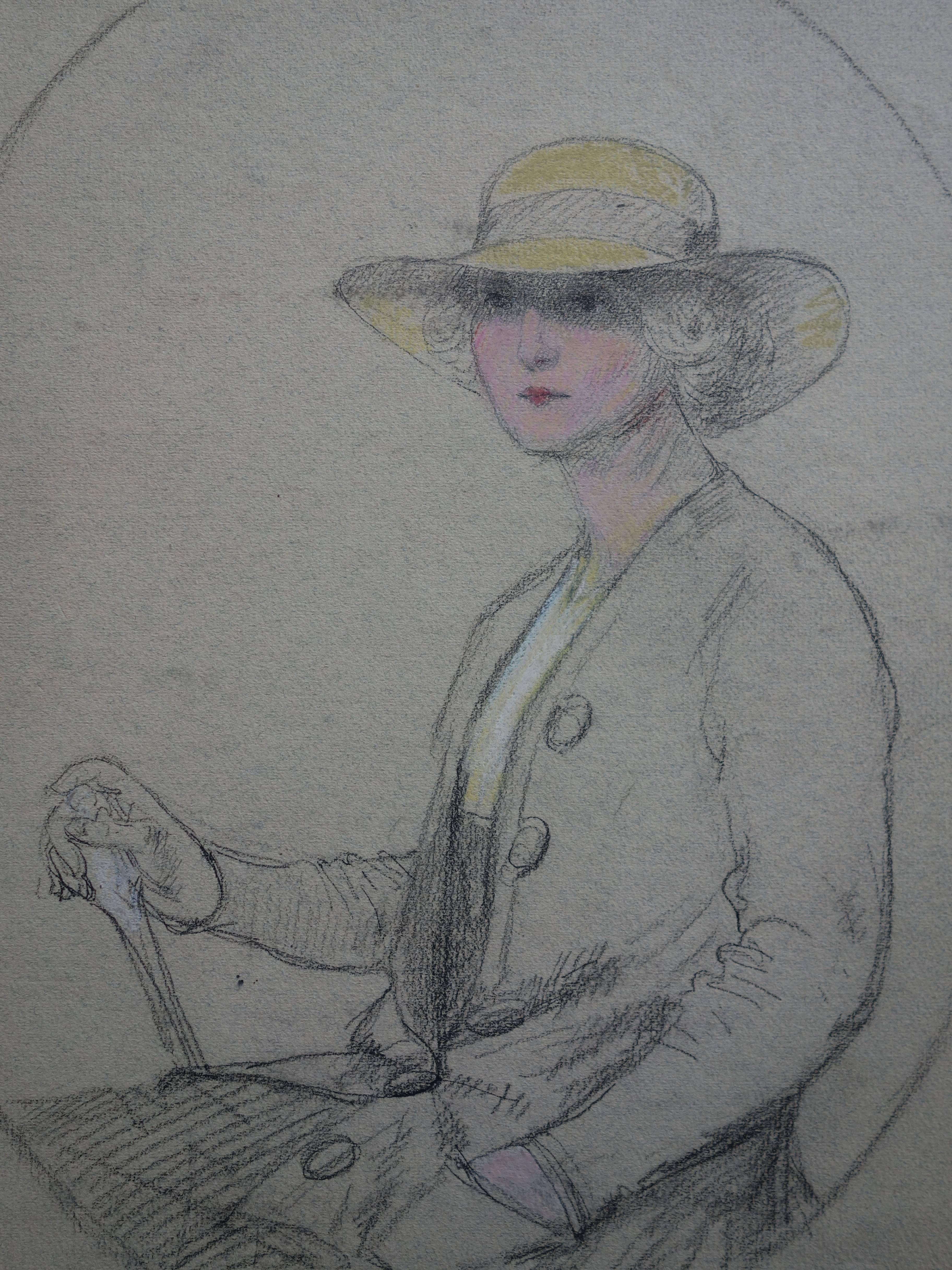 Lady Wearing a Yellow Hat - Original signierte Kohlezeichnung (Realismus), Art, von Gustave Poetzsch
