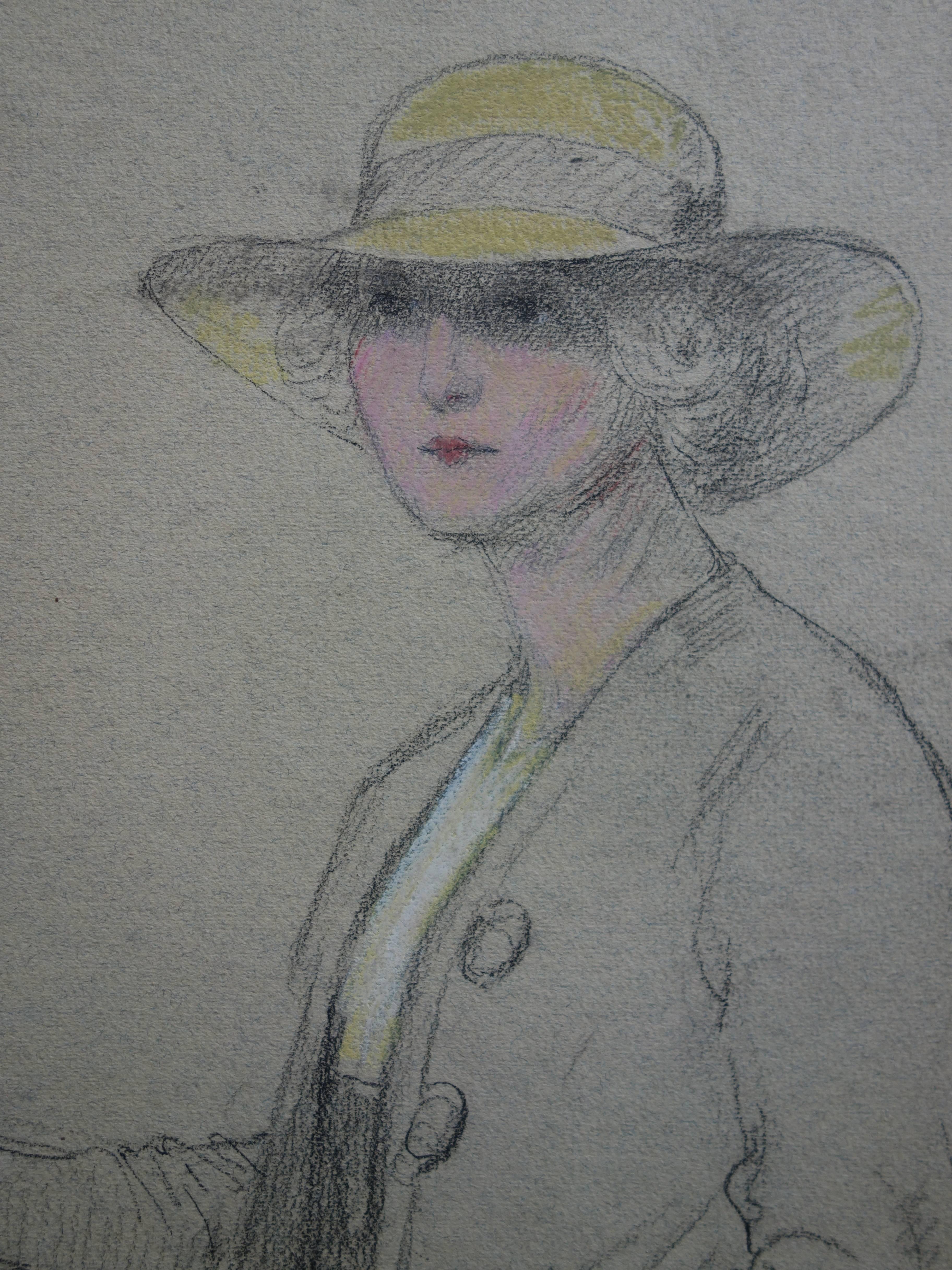 Lady Wearing a Yellow Hat - Original signierte Kohlezeichnung (Grau), Portrait, von Gustave Poetzsch