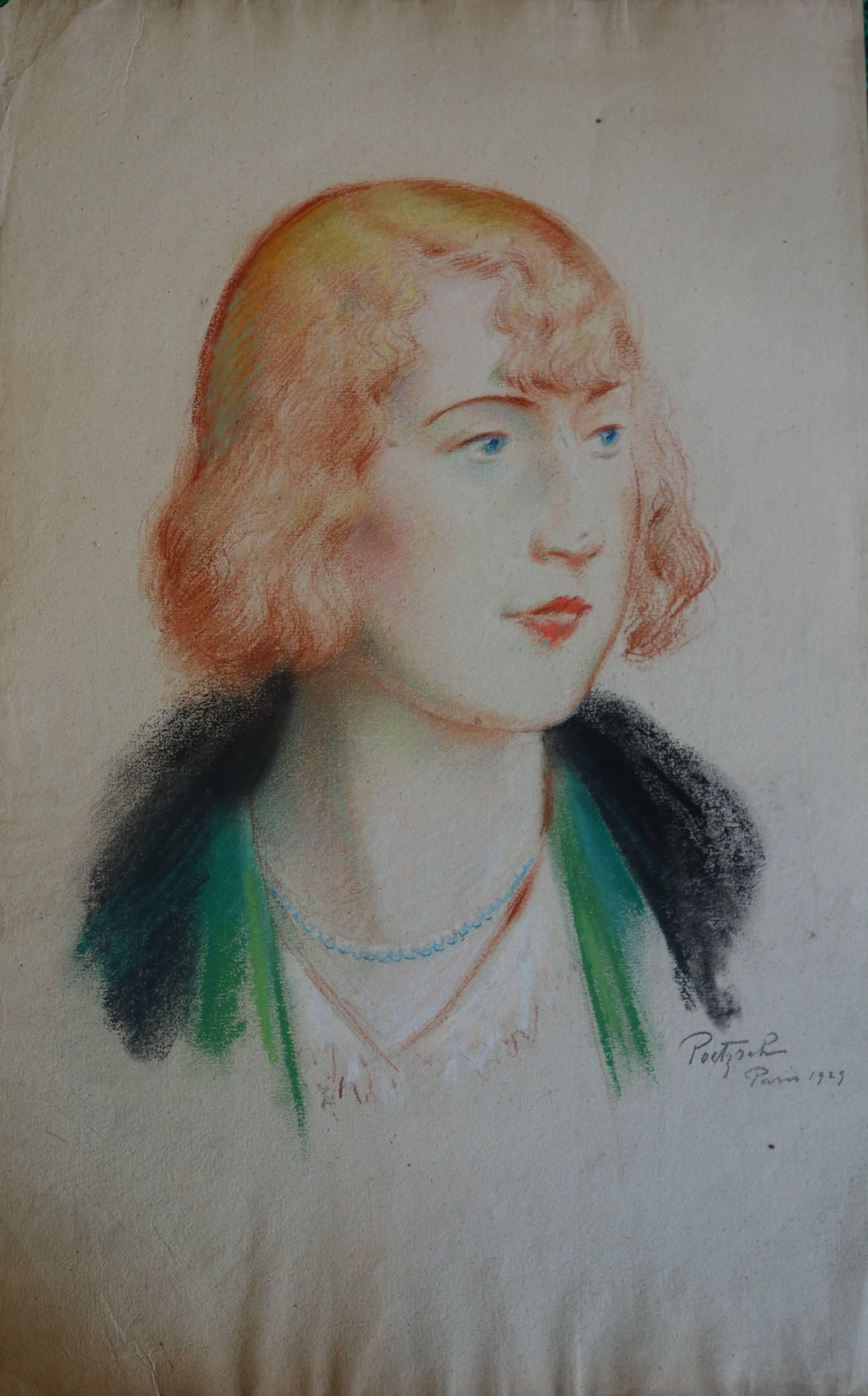 Rotes Haar Traumfrau - Original signierte Kohlezeichnung - 1929 (Realismus), Art, von Gustave Poetzsch
