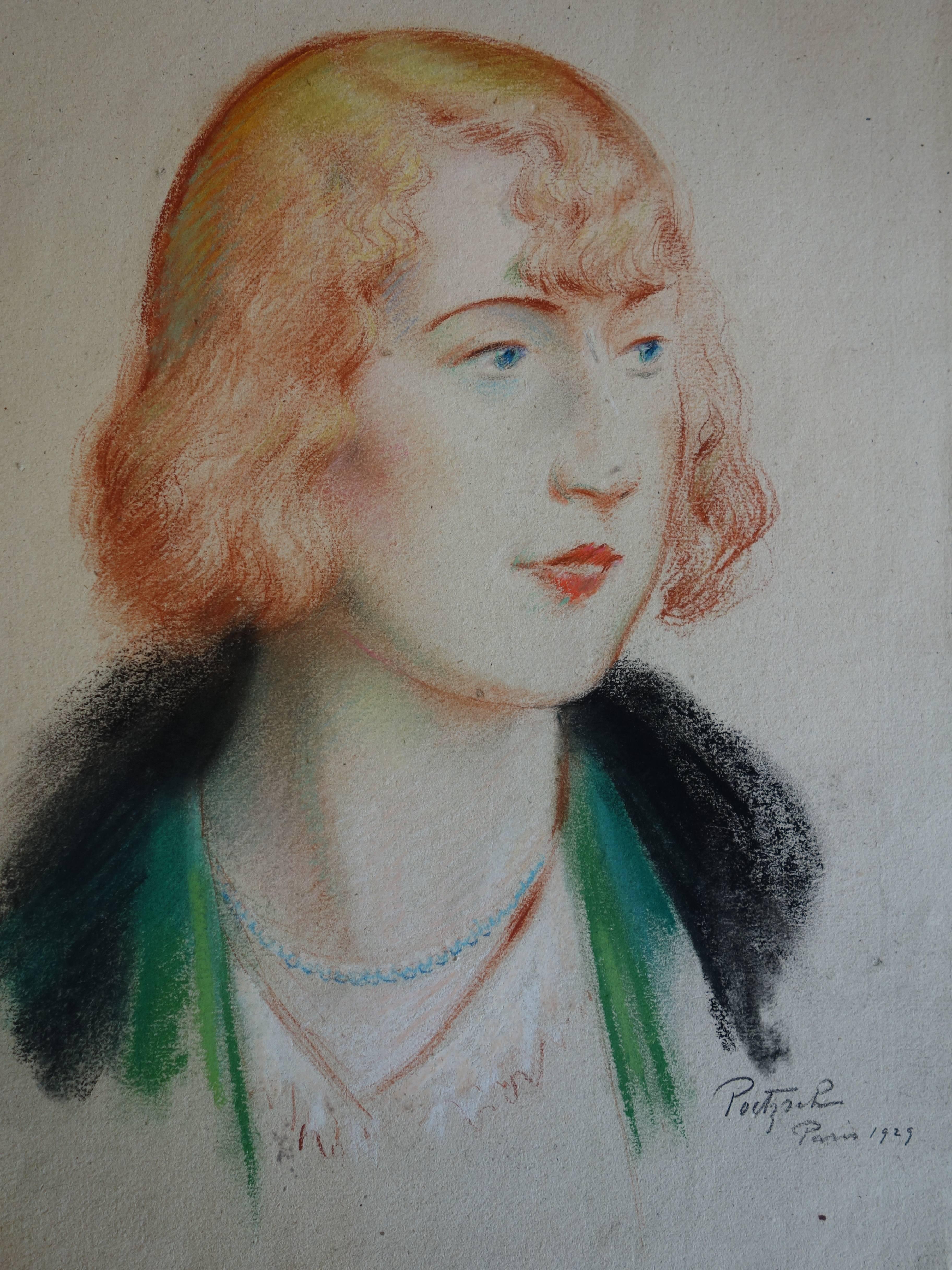 Rotes Haar Traumfrau - Original signierte Kohlezeichnung - 1929