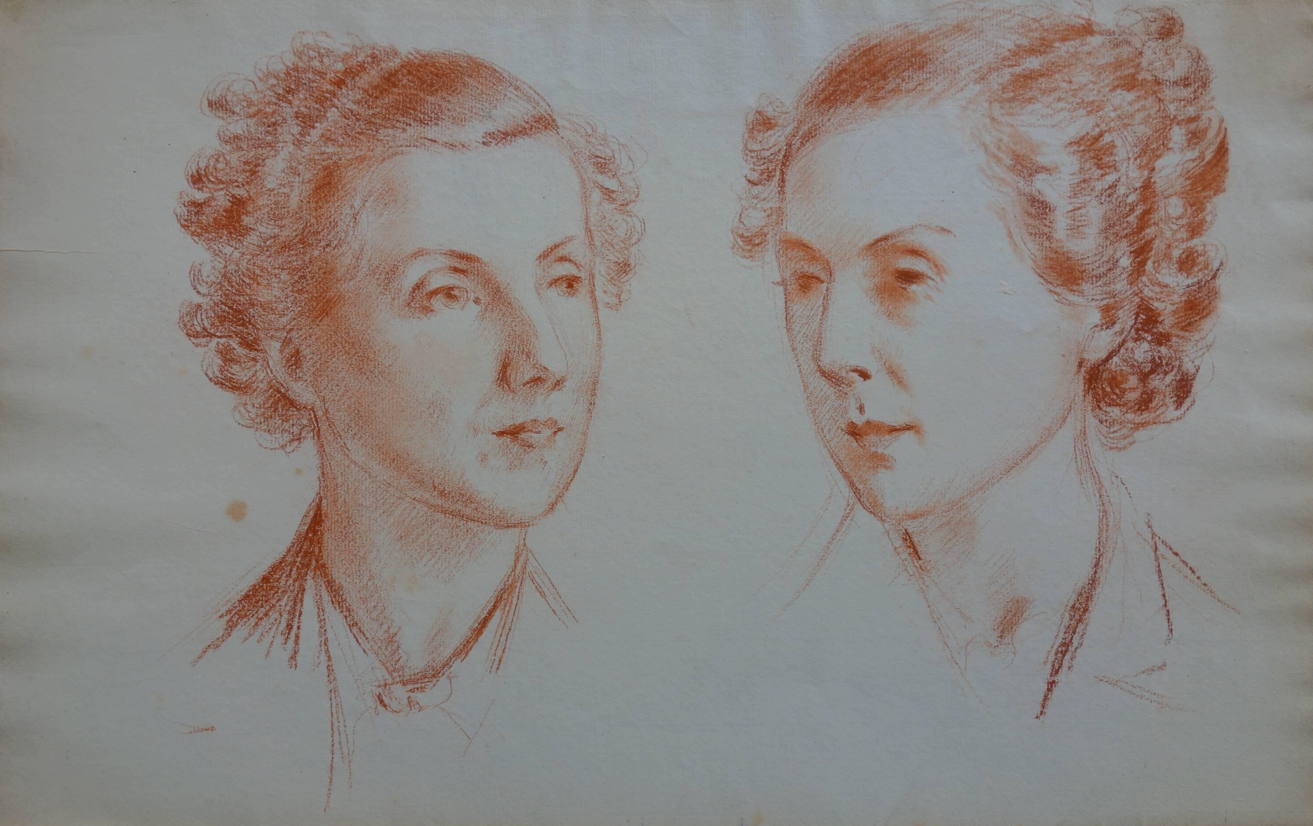 Portrait Gustave Poetzsch - Deux études de profil de femme - Dessin original au fusain - Circa 1920