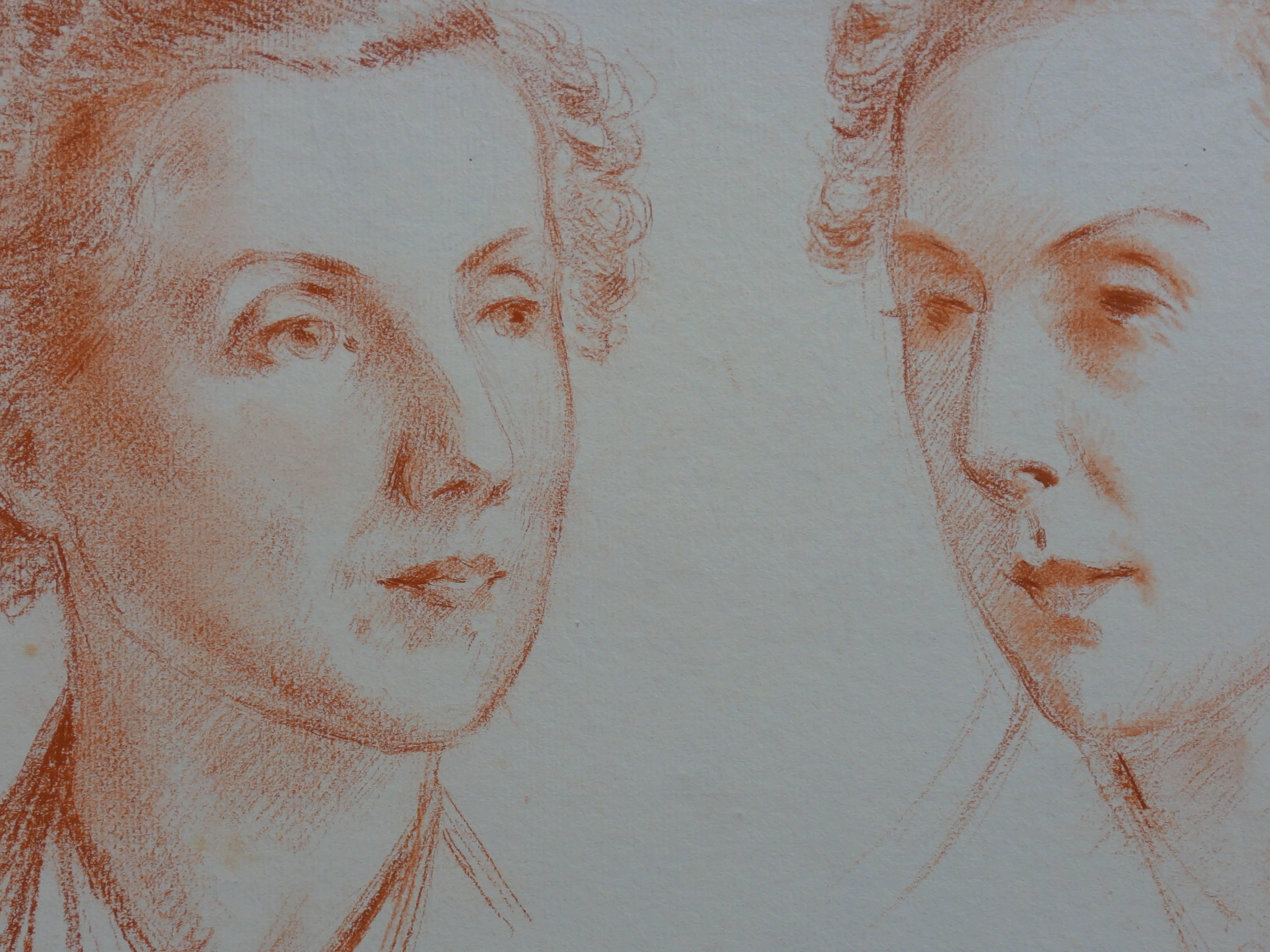 Deux études de profil de femme - Dessin original au fusain - Circa 1920 - Réalisme Art par Gustave Poetzsch
