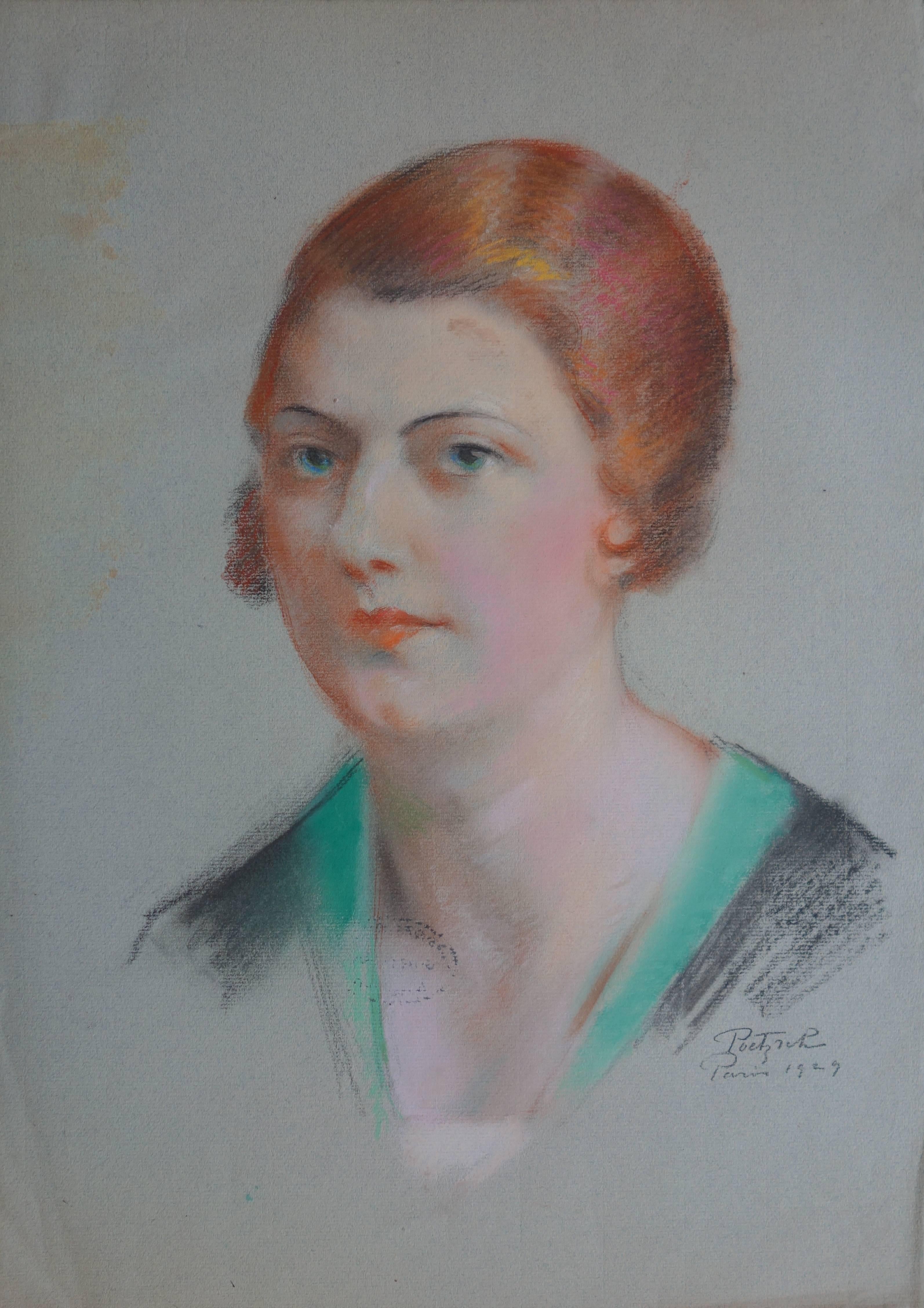 Gustave Poetzsch (1870-1950) 
Femme pacifique, 1929

Dessin original au fusain
Signé en bas à droite
sur papier de lin teinté 43 x 31 cm (c. 17 x 12 in)
Timbre de la vente aux enchères de la succession au verso

Très bon état - Légère décoloration