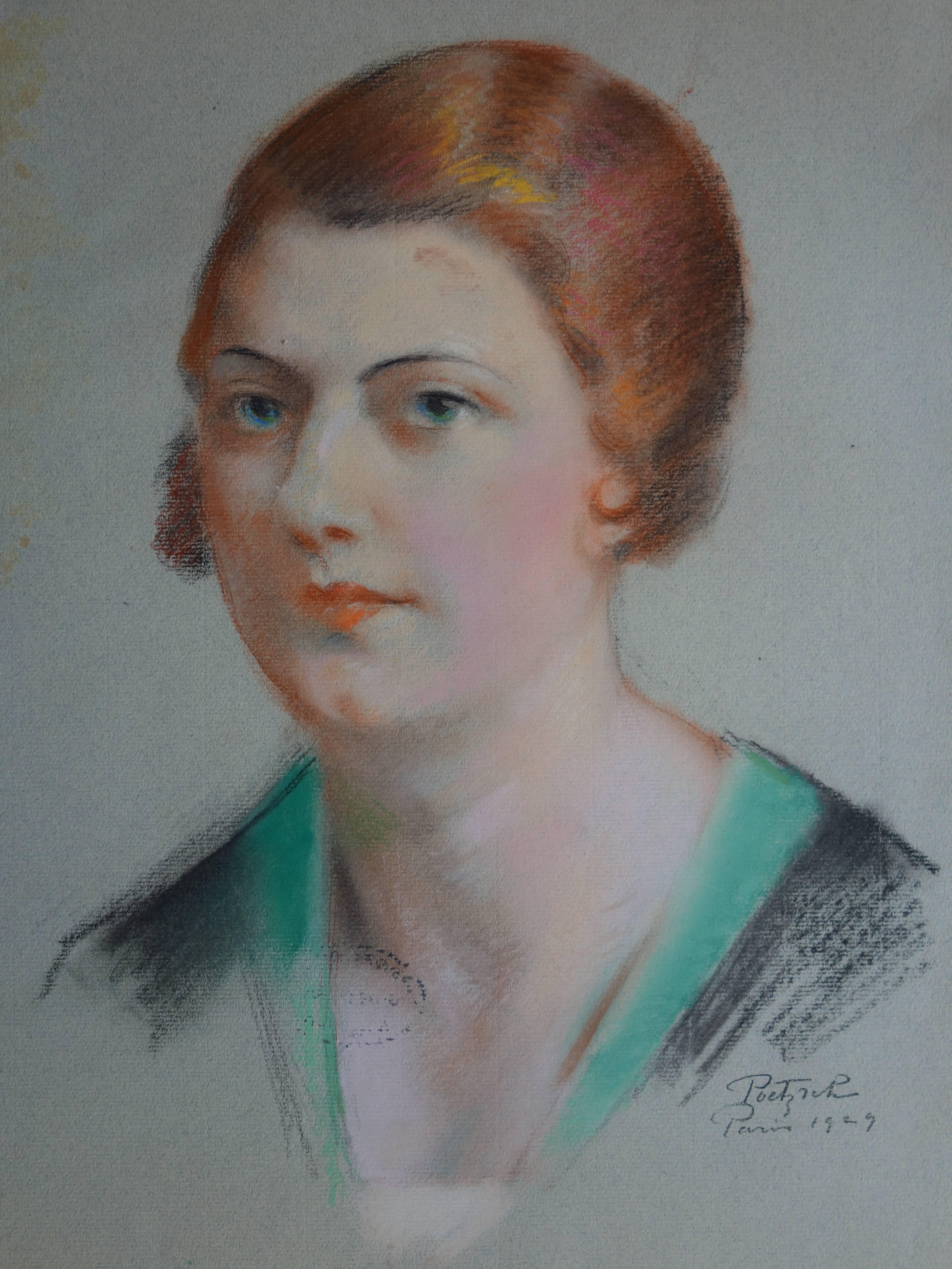 Portrait Gustave Poetzsch - Femme paisible - Drawing original signé au fusain - 1929