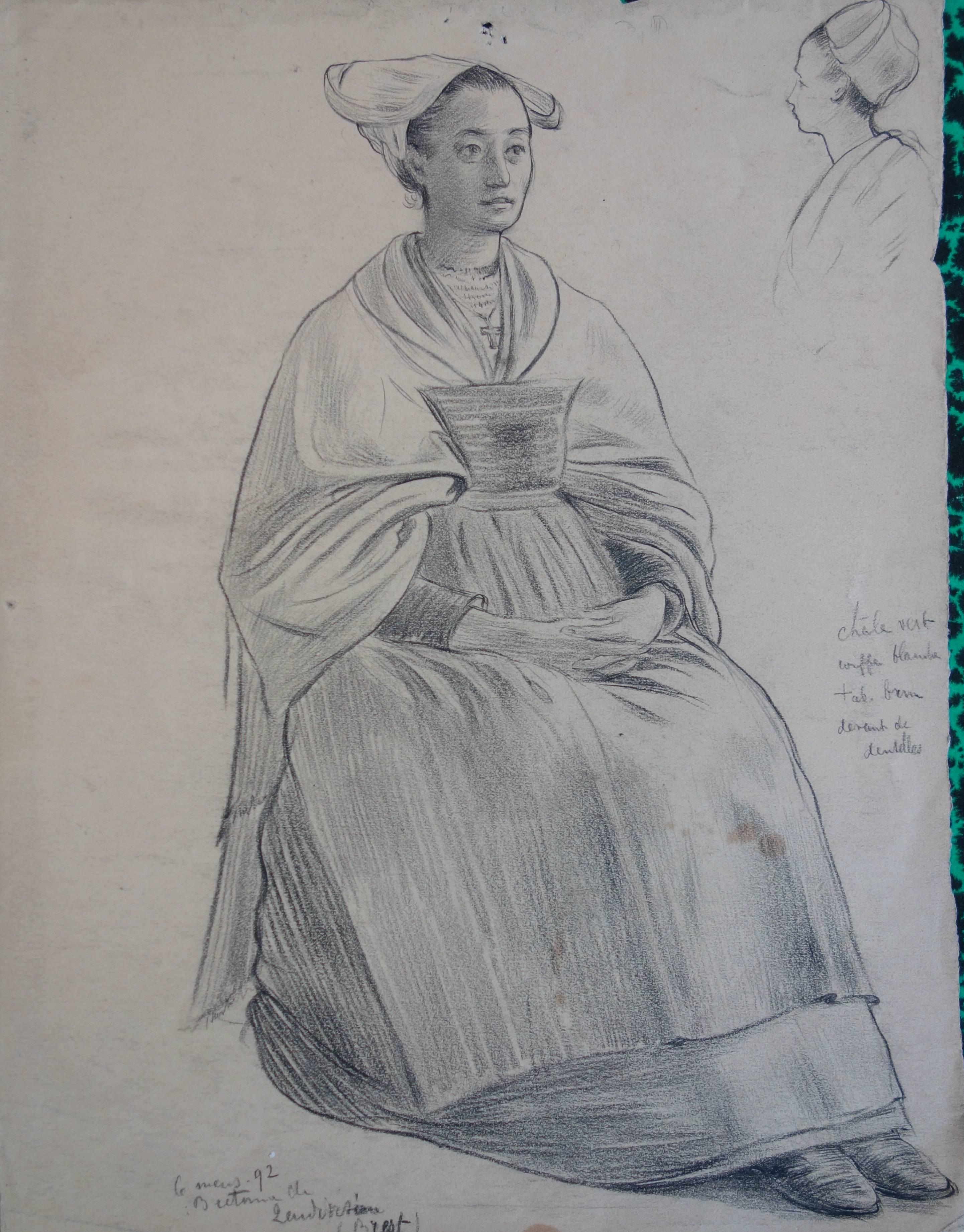 Gustave Poetzsch Figurative Art - Woman in a Brittany Costume (after Gauguin) - Original Signed Charcoals Drawing
