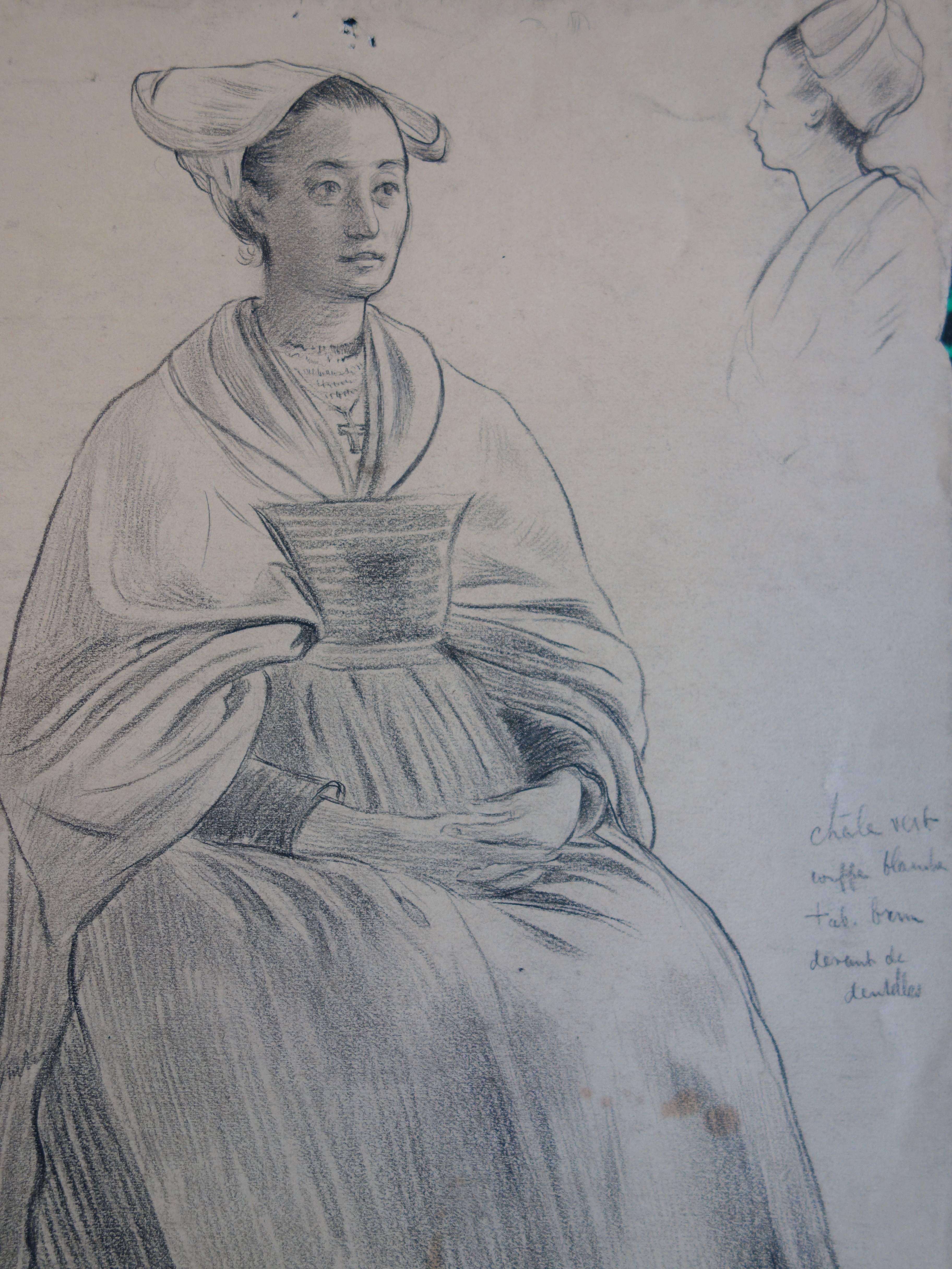 Gustave Poetzsch (1870-1950) 
Woman in a Brittany Costume (after Gauguin)

Original charcoals drawing
On tinted linen paper 18 x 23 cm (c. 9 x 7 in)
Provenance Gustave Poetzsch Estate

Very good condition - Light defects at the edge of the sheet,