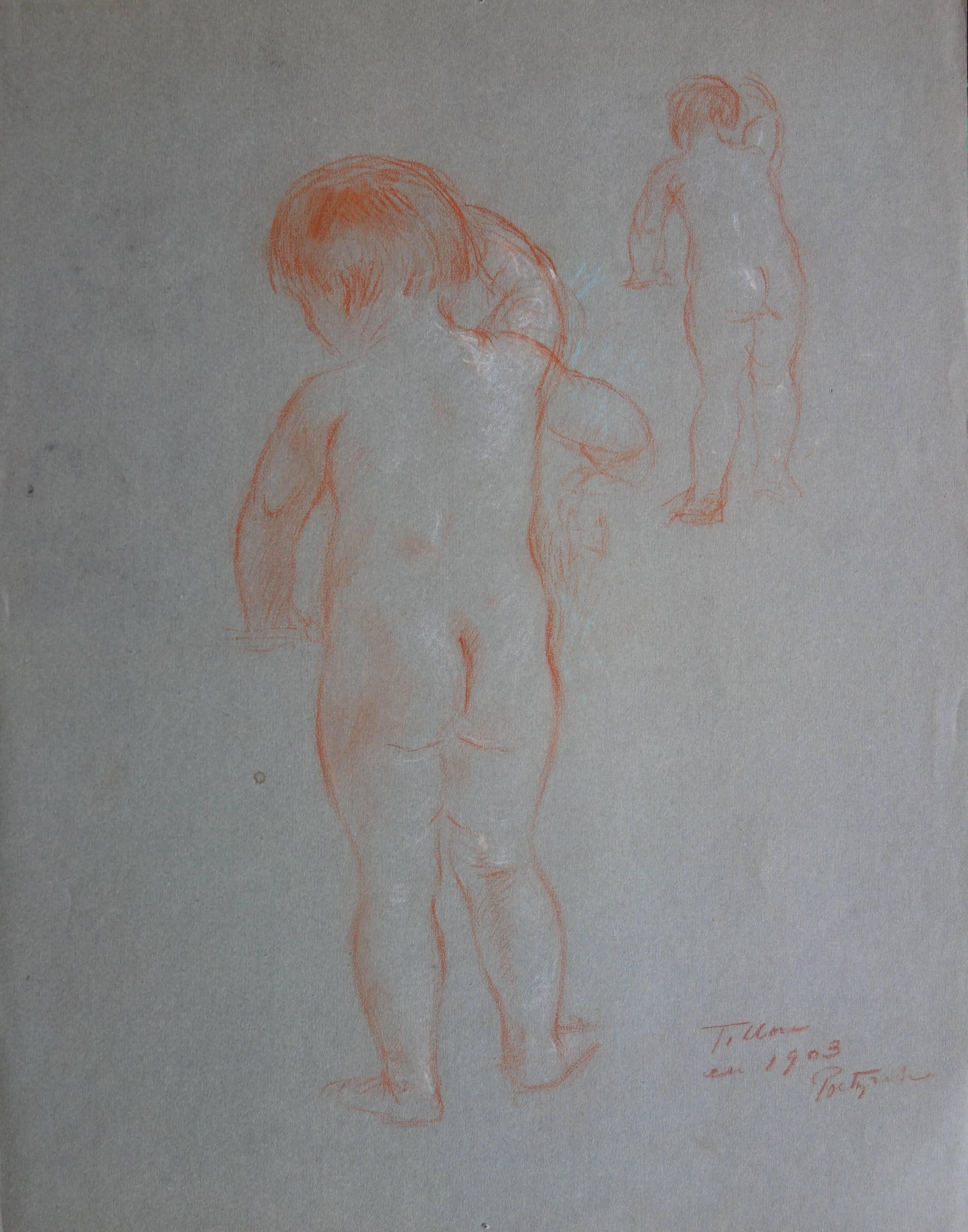 Gustave Poetzsch Nude - Study of a Young Boy - Original Signed Sanguine Charcoal Drawing - 1903
