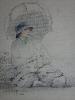 Woman with Umbrella at the Beach - Original Signed Charcoals Drawing