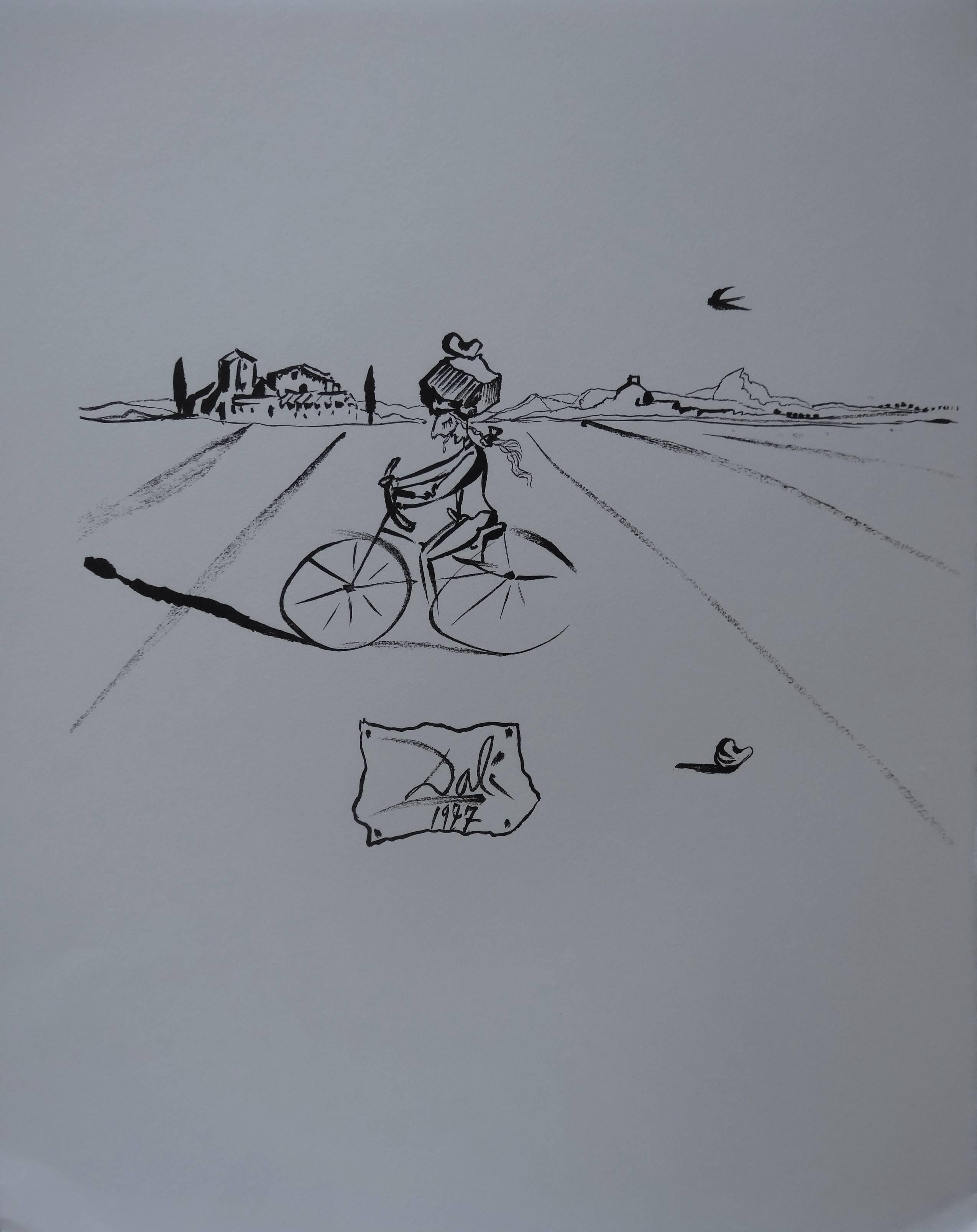 Salvador Dalí Figurative Print - Surrealist Cyclist - Original woodcut - 1978
