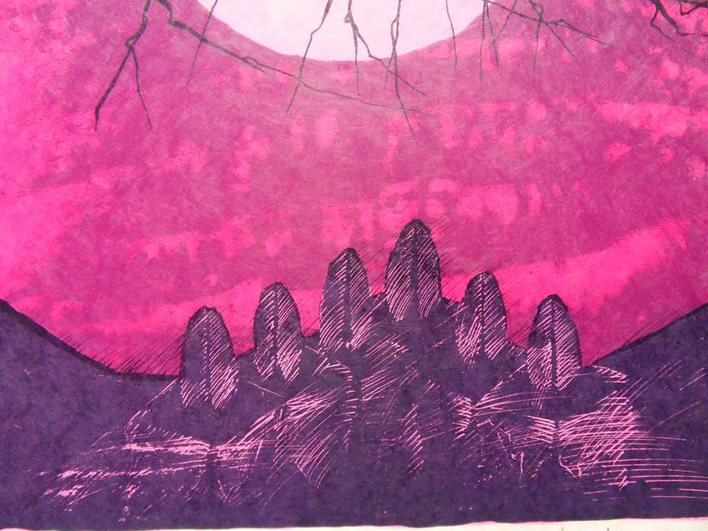 Pink Sunset on Field of Stones - Handsigned lithograph - Surrealist Print by Cesare Peverelli