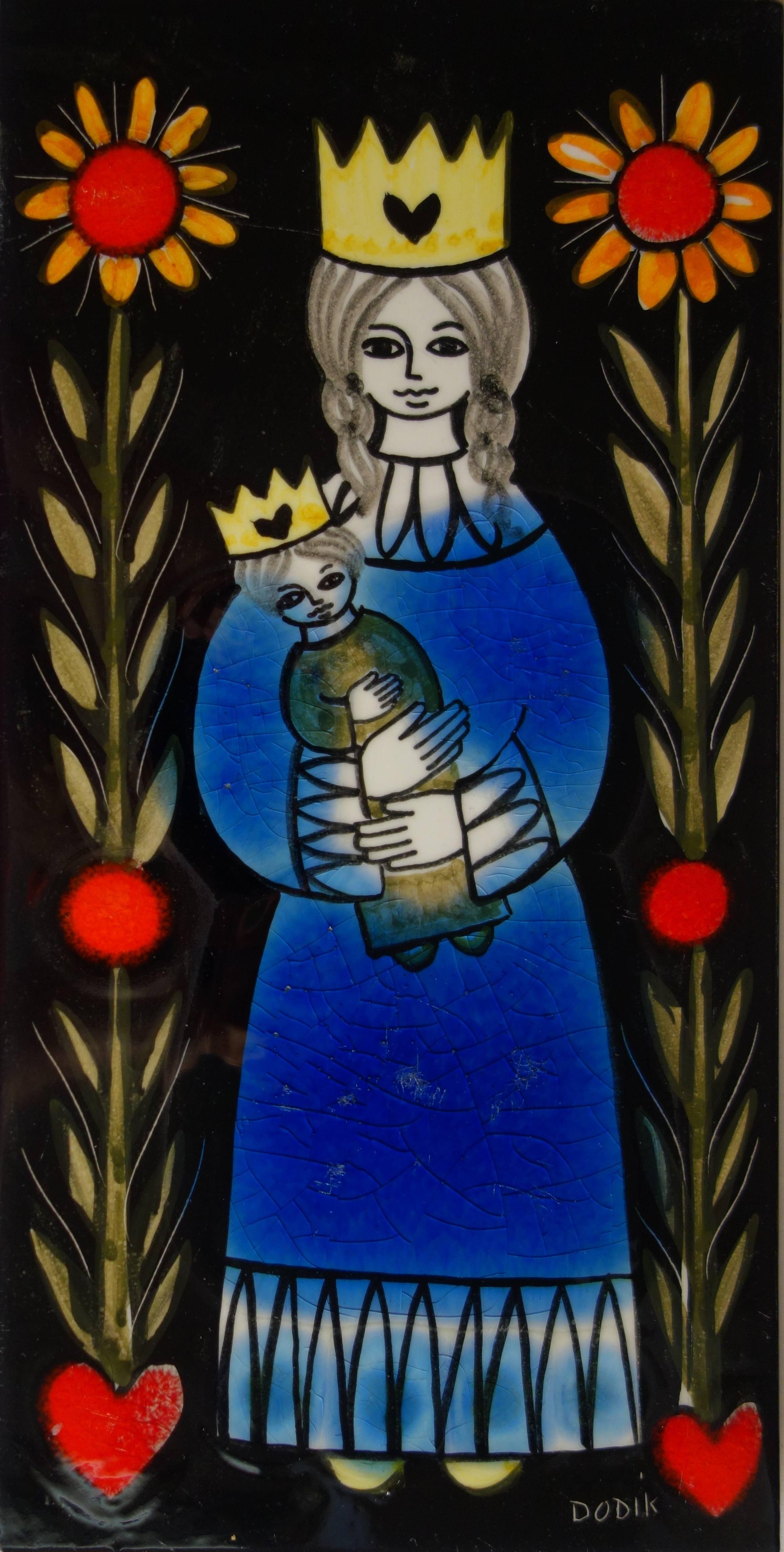 Jegou Dodik Figurative Sculpture - Celestial Kingdom : Mary and Jesus - Handsigned original Ceramic panel - c. 1970