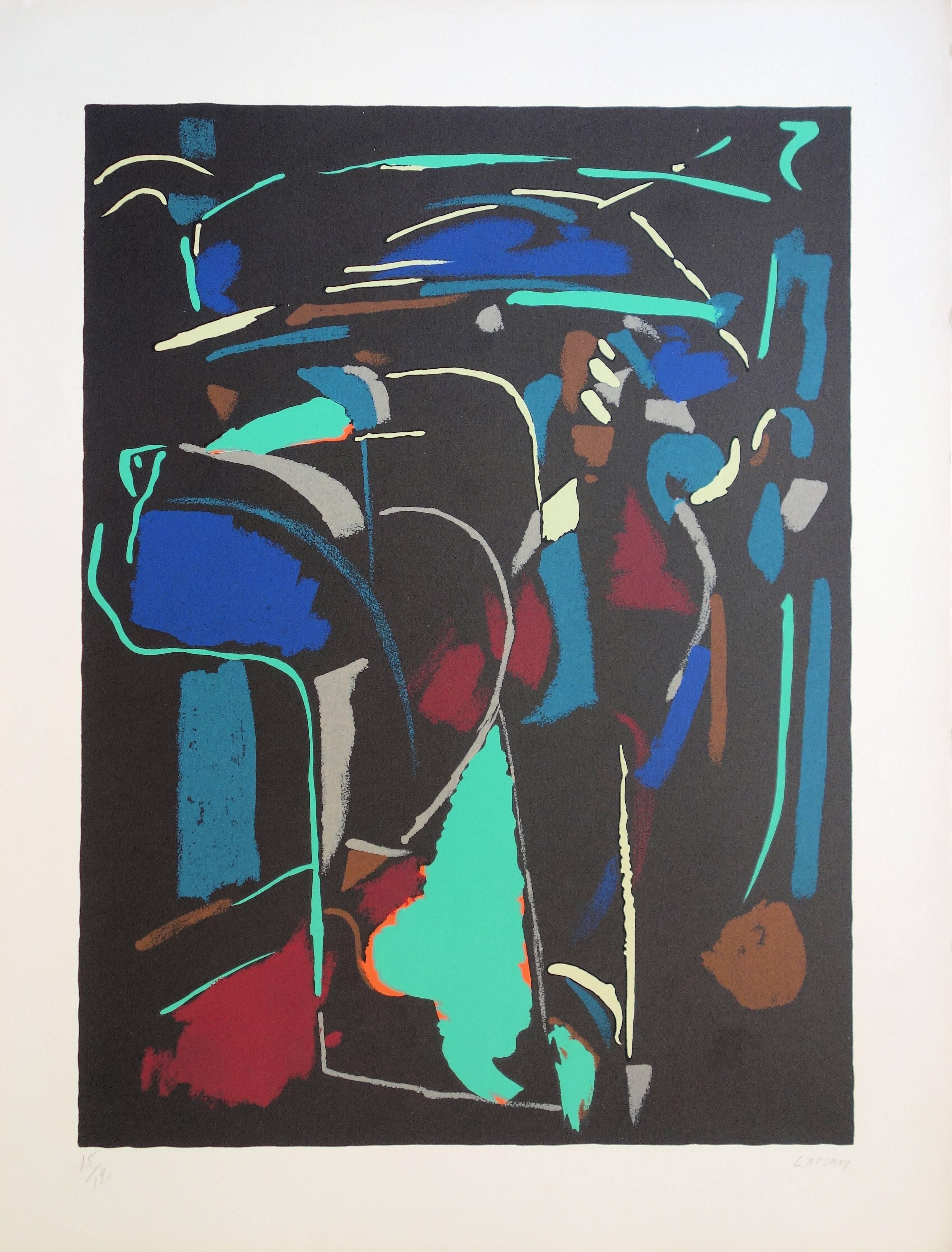André Lanskoy Abstract Print – Abstrakte Komposition auf schwarzem Hintergrund - Original handsignierte Lithographie