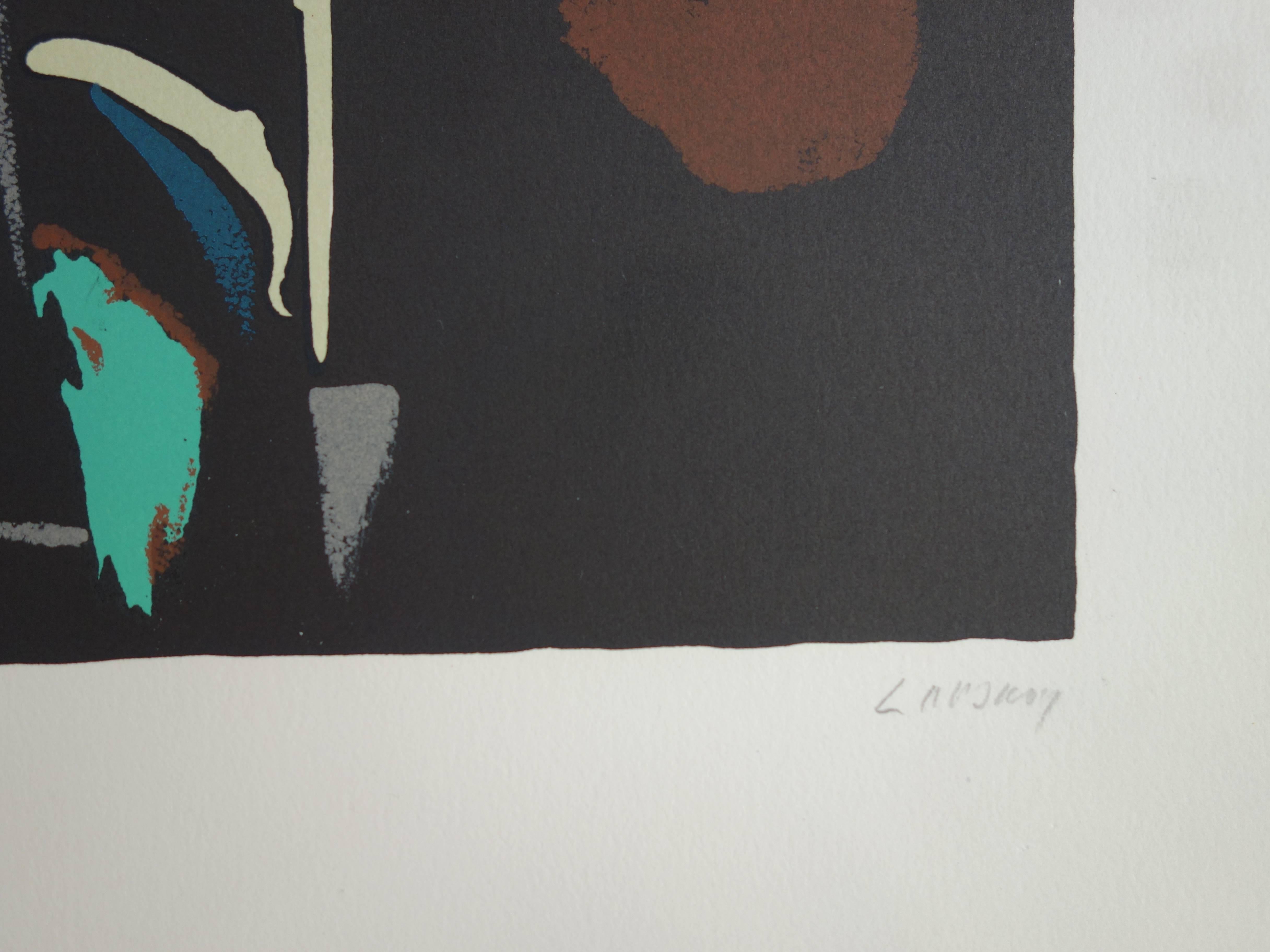 Abstract Composition on Black Background - Original handsigned lithograph - Print by André Lanskoy