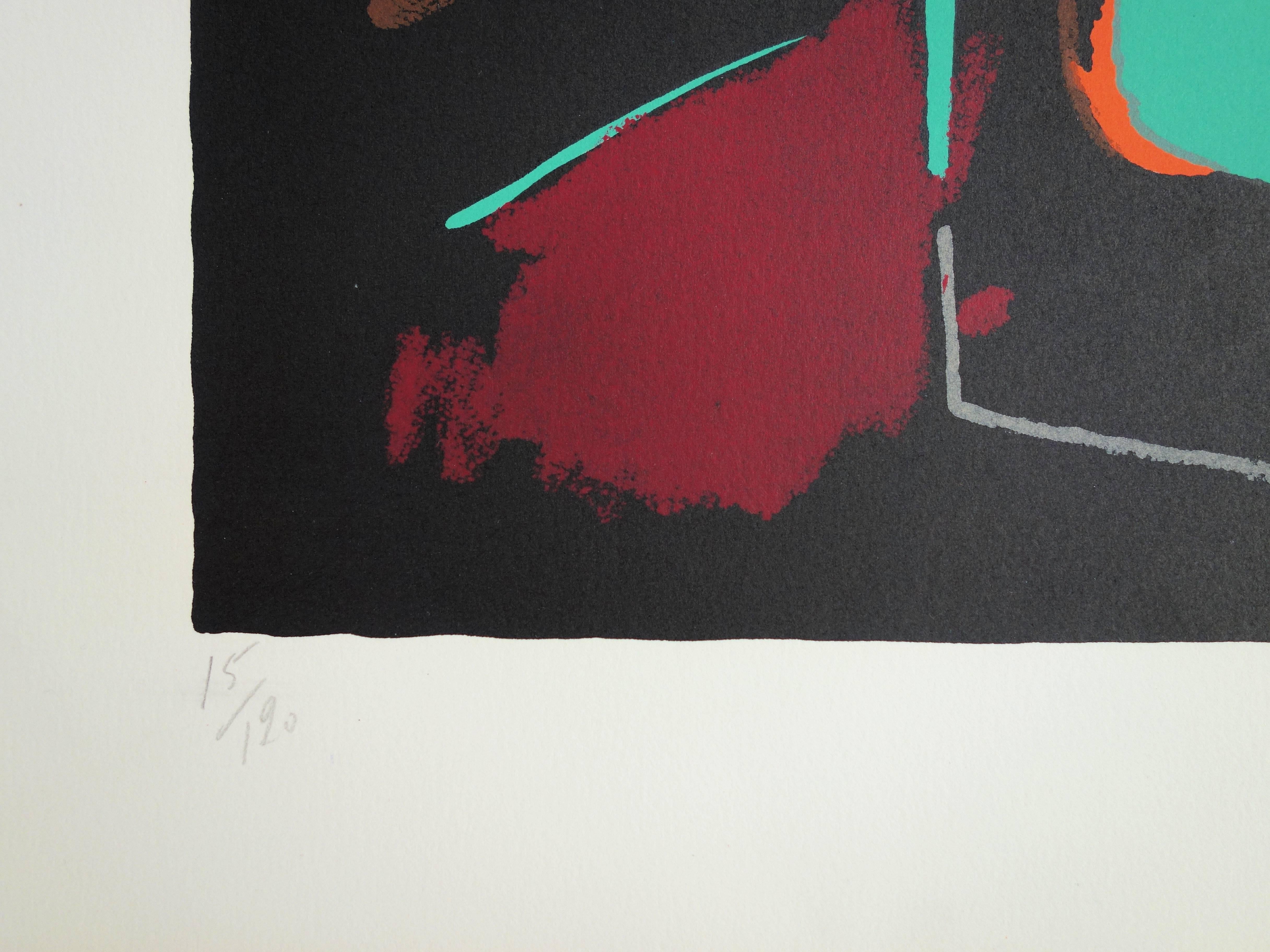 Abstract Composition on Black Background - Original handsigned lithograph For Sale 3