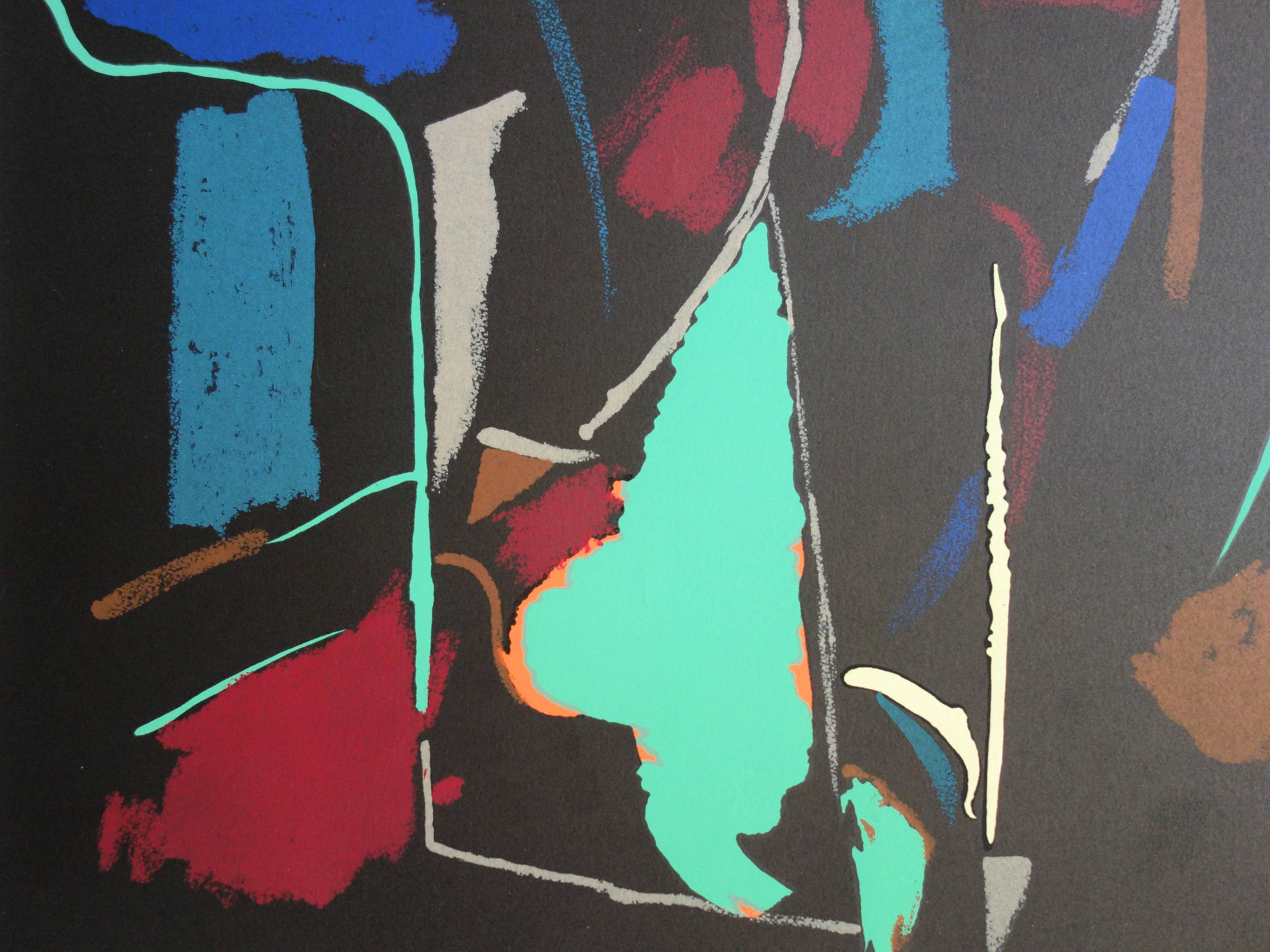 Abstract Composition on Black Background - Original handsigned lithograph For Sale 2