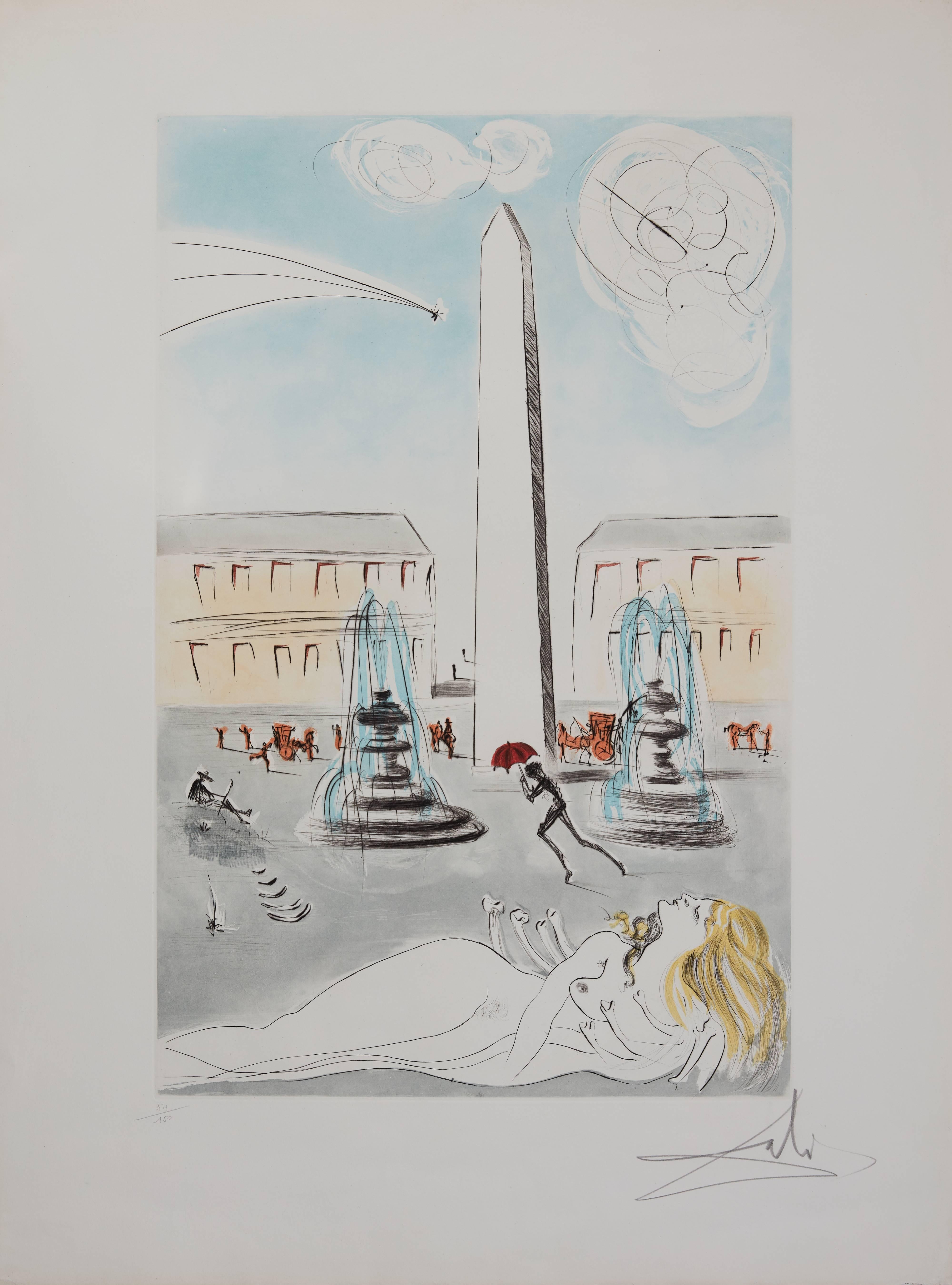 Salvador Dalí Figurative Print - Gala et l'obélisque de la Concorde - Original Handsigned Etching 1963