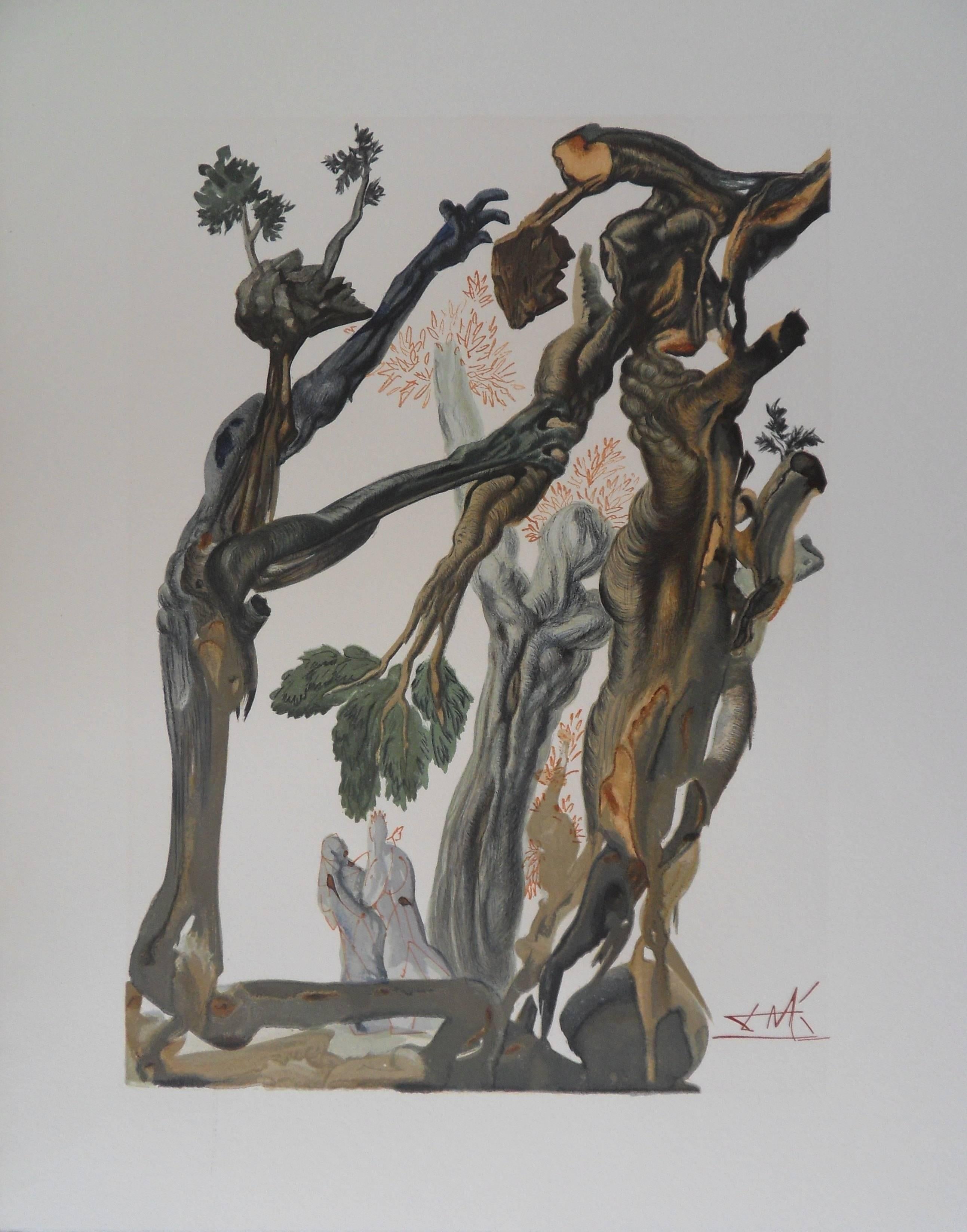 Salvador Dalí Figurative Print - Hell 13 - The Forest of suicides - woodcut - 1963