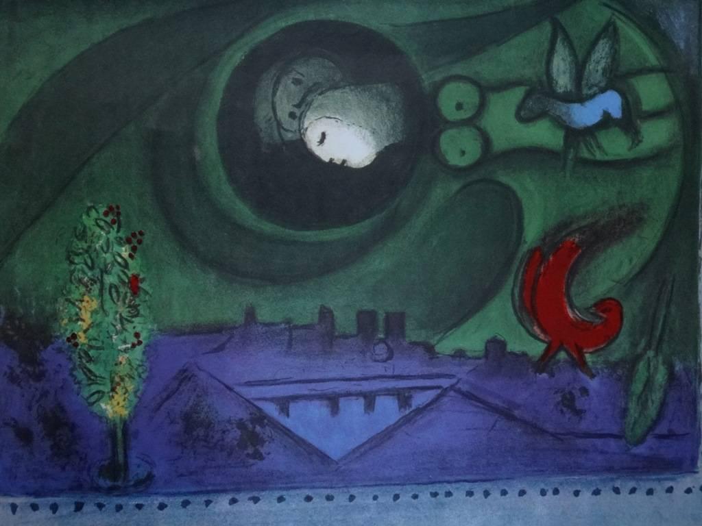 Paar über der Stadt – Lithographieplakat – Mourlot – Print von (after) Marc Chagall