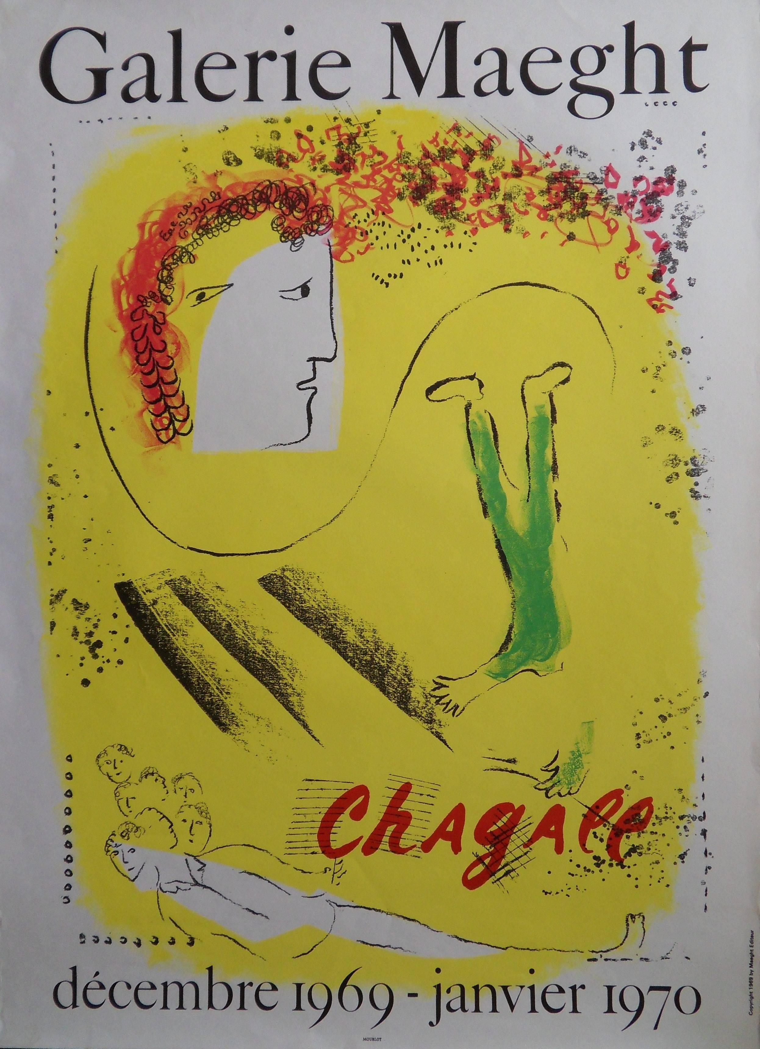 (after) Marc Chagall Figurative Print - Yellow Dream - Original lithograph poster - Mourlot 1969