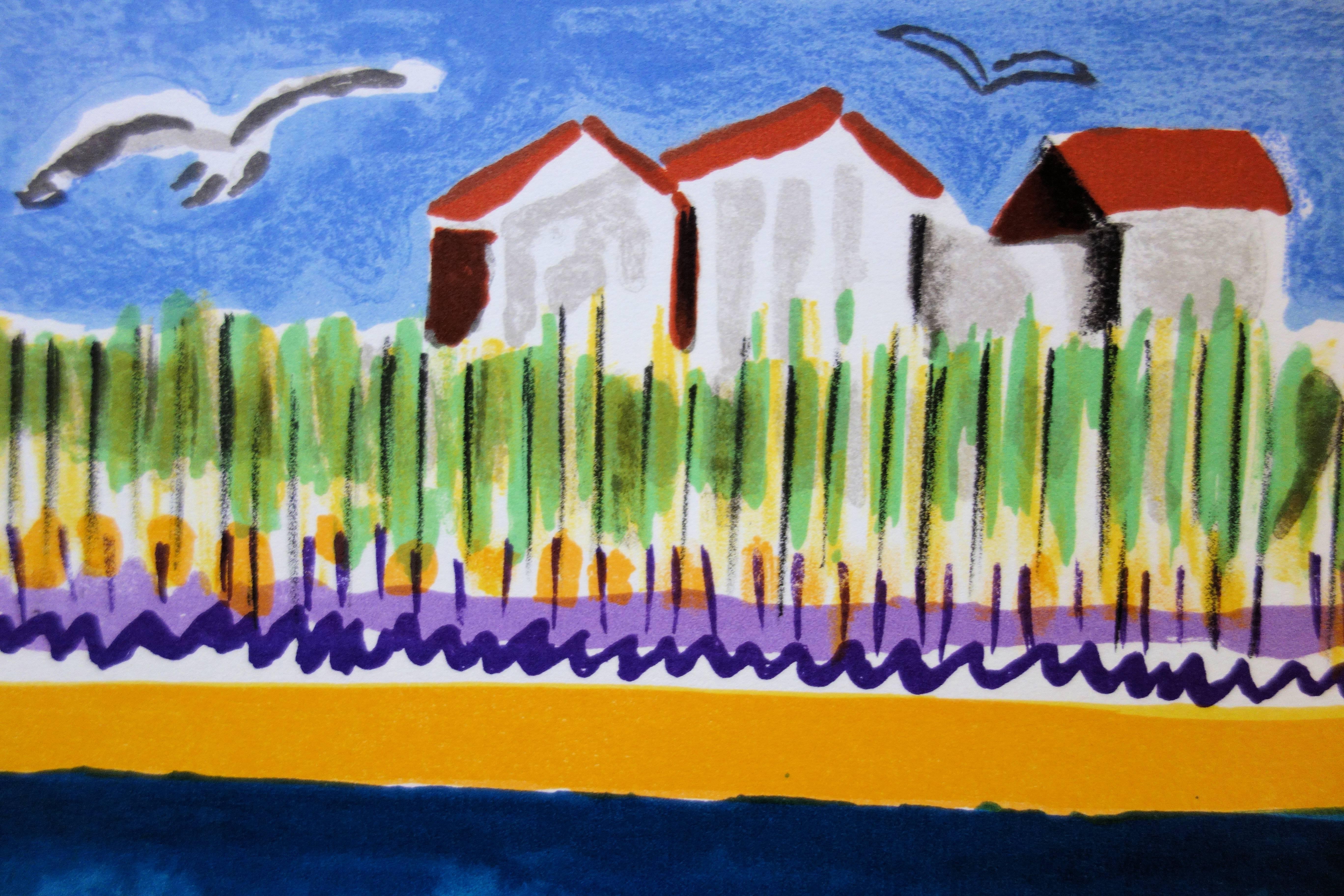 Small Houses near the Beach - Original handsigned lithograph - Blue Landscape Print by François Desnoyer