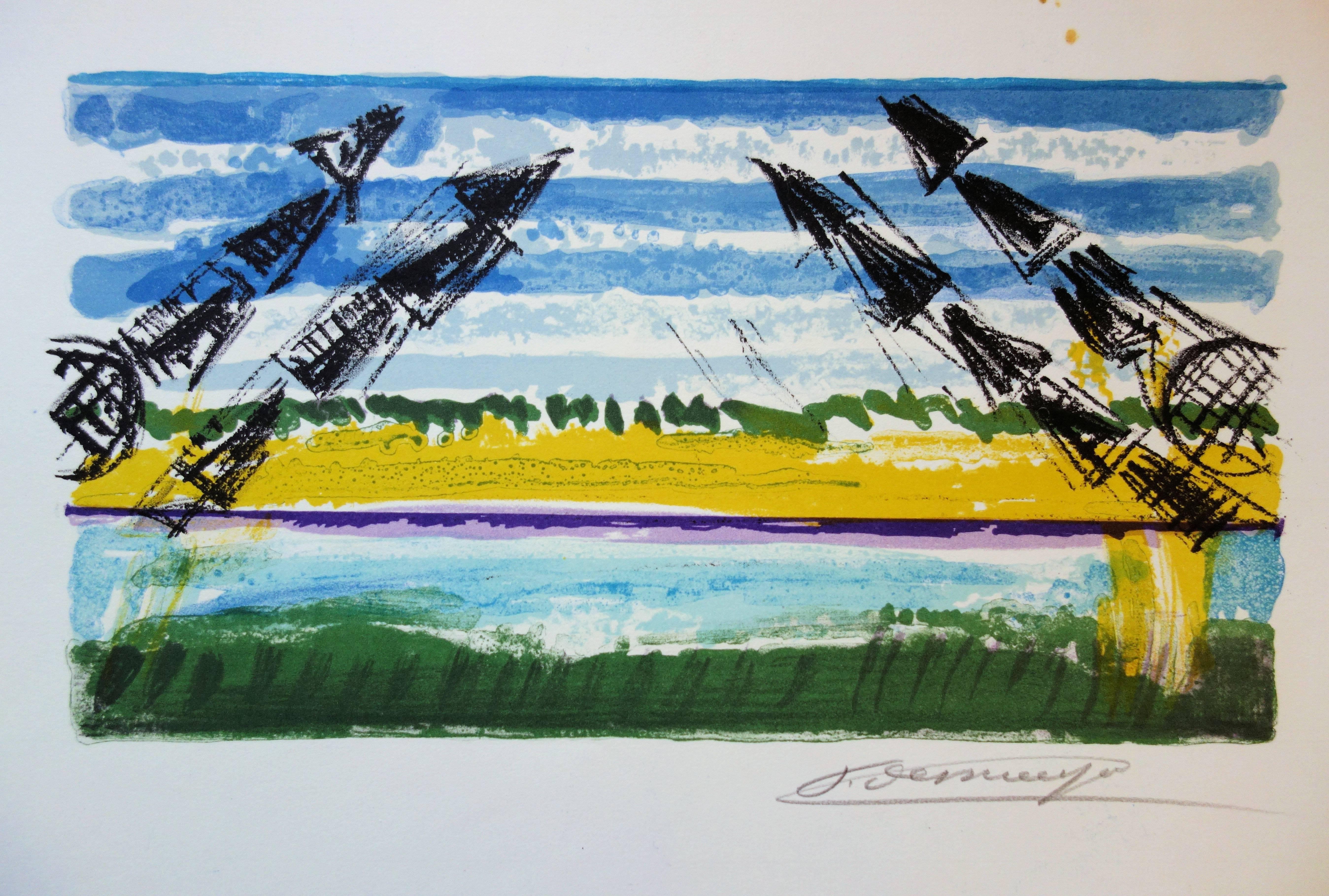 Landscape Print de François Desnoyer - Las grullas - Litografía original firmada a mano