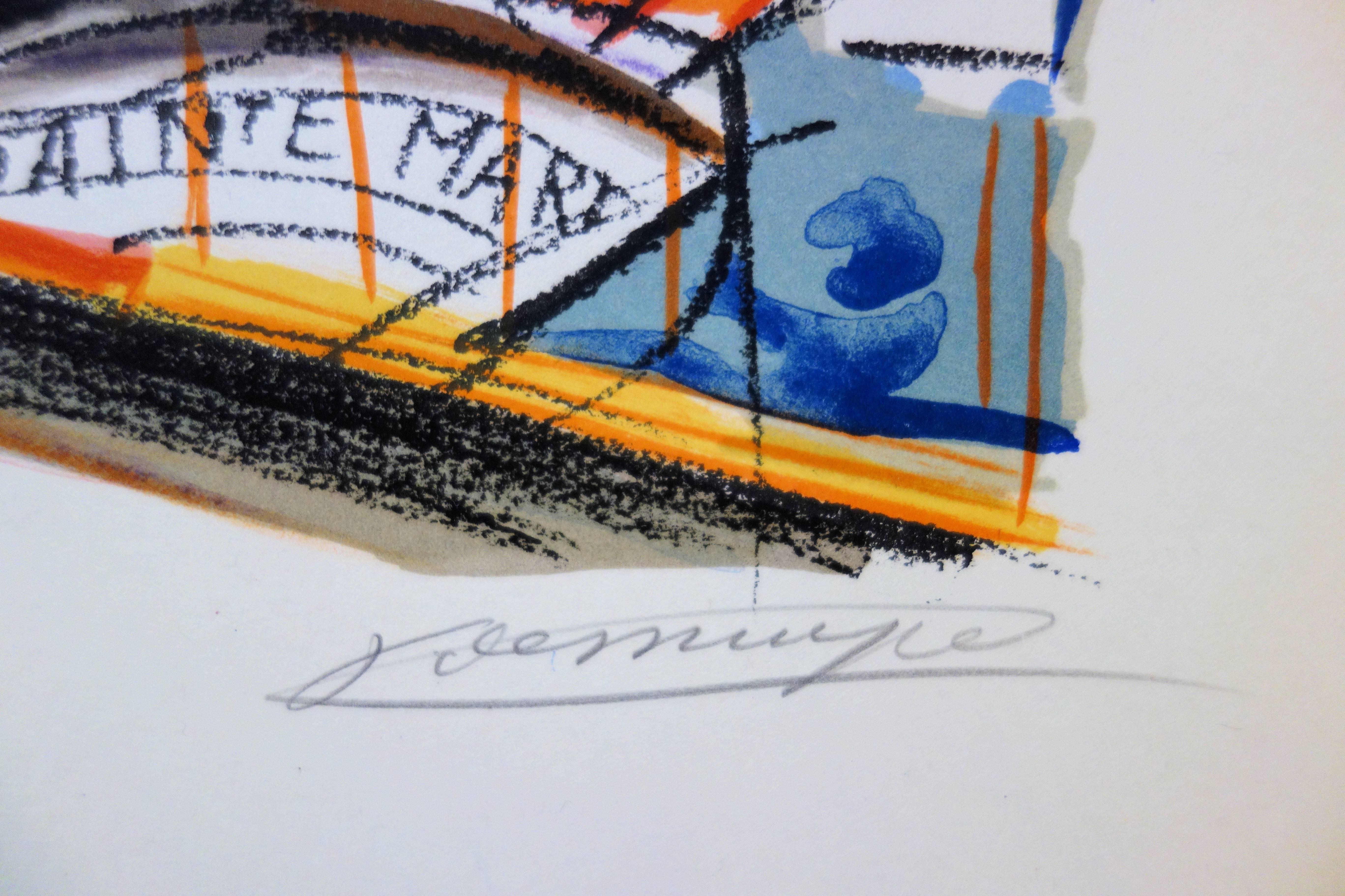 Brittain Small Harbour - Lithographie originale signée à la main - Print de François Desnoyer