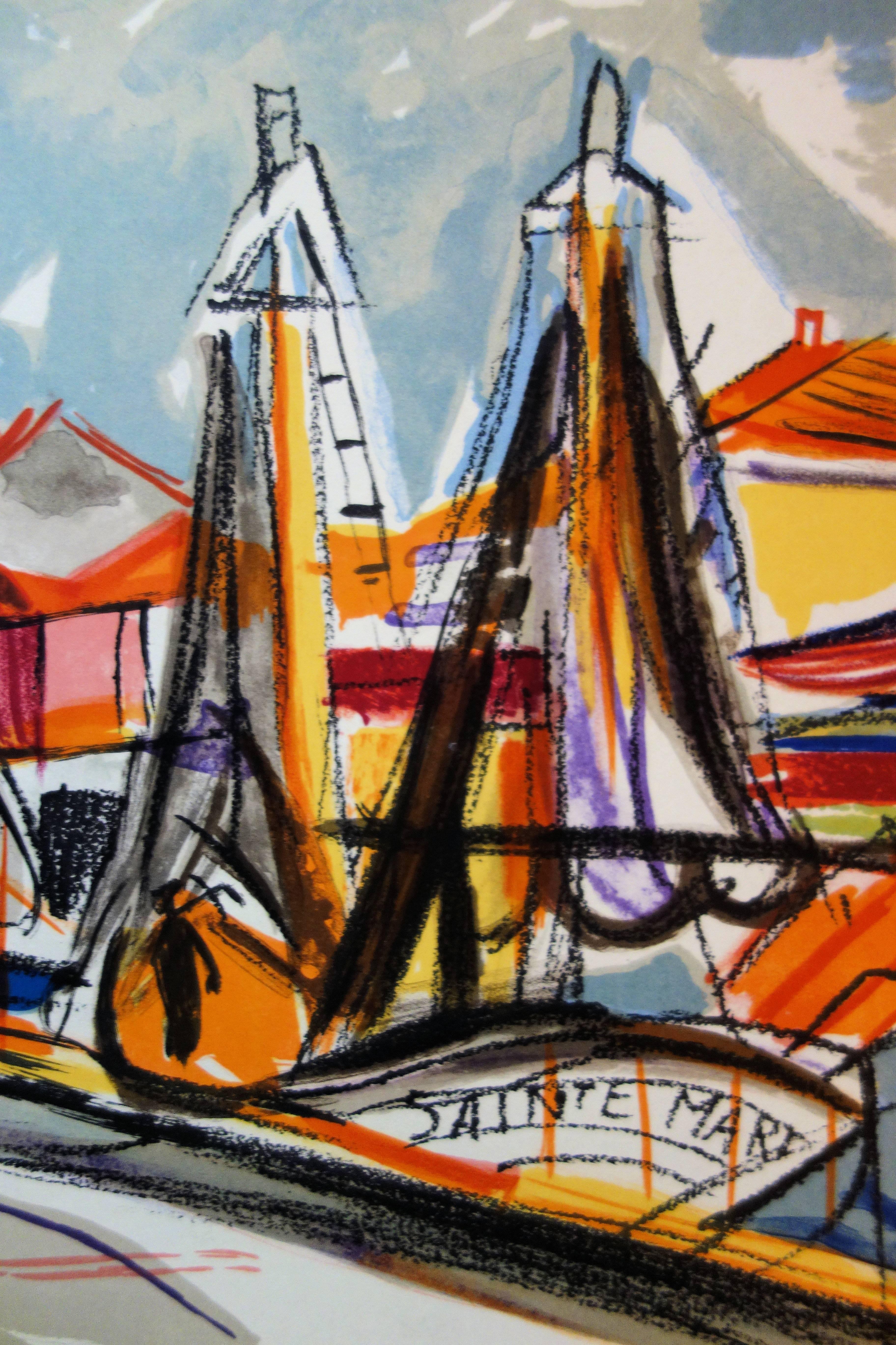 Brittain Small Harbour - Lithographie originale signée à la main - Moderne Print par François Desnoyer