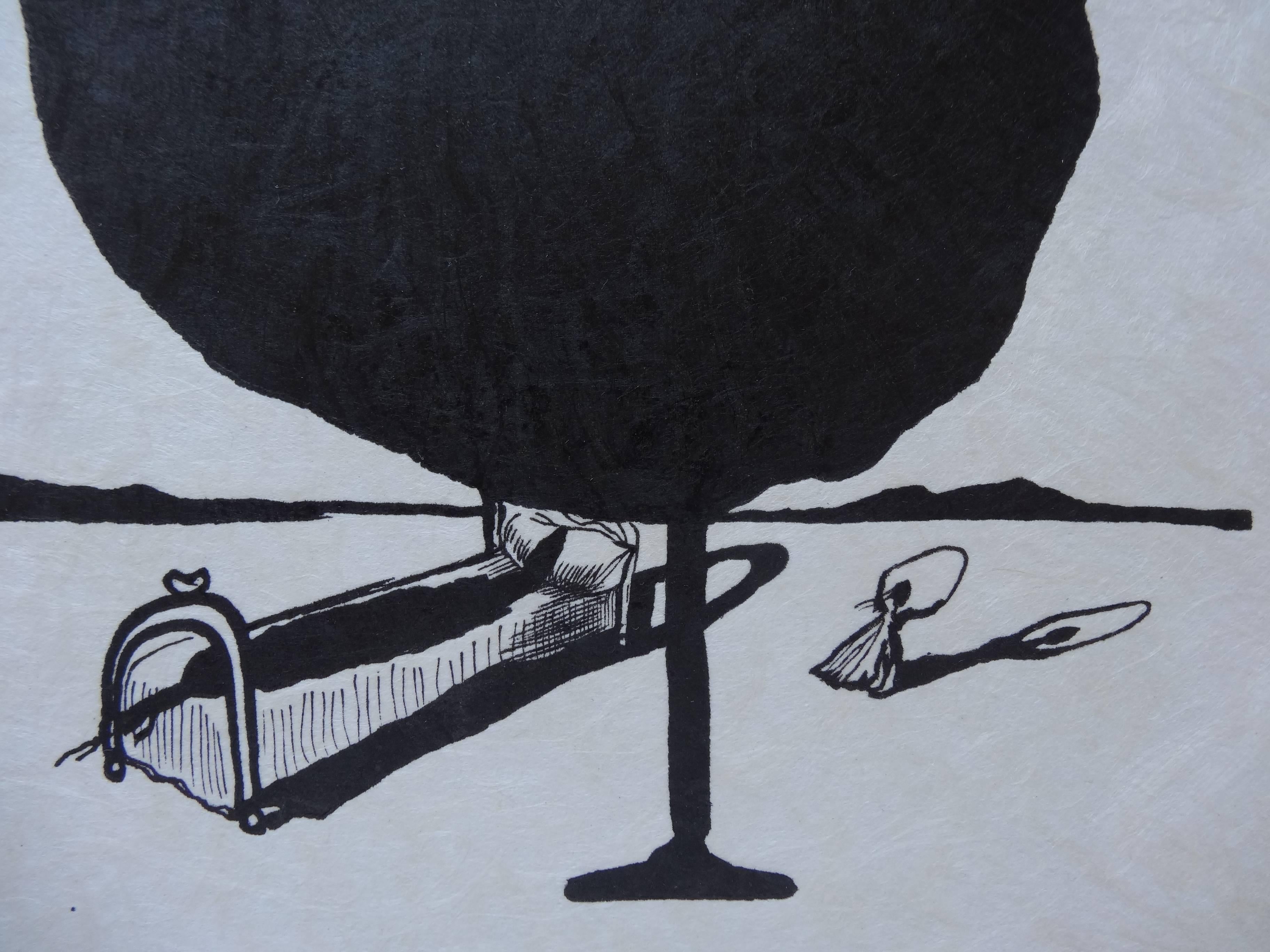 Alice & Bed in Wonderland - Original woodcut - 1978 - Gray Figurative Print by Salvador Dalí