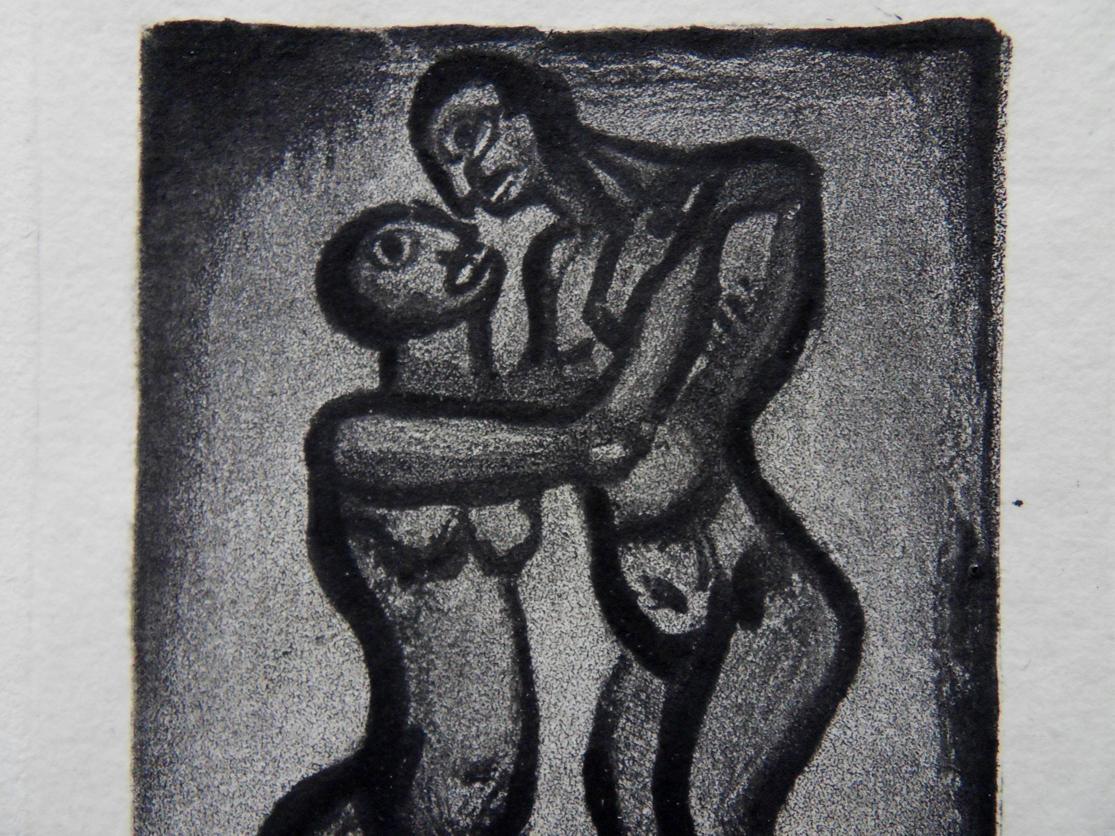 Couple Hugging - Original etching - 1929 - Gray Figurative Print by Georges Rouault