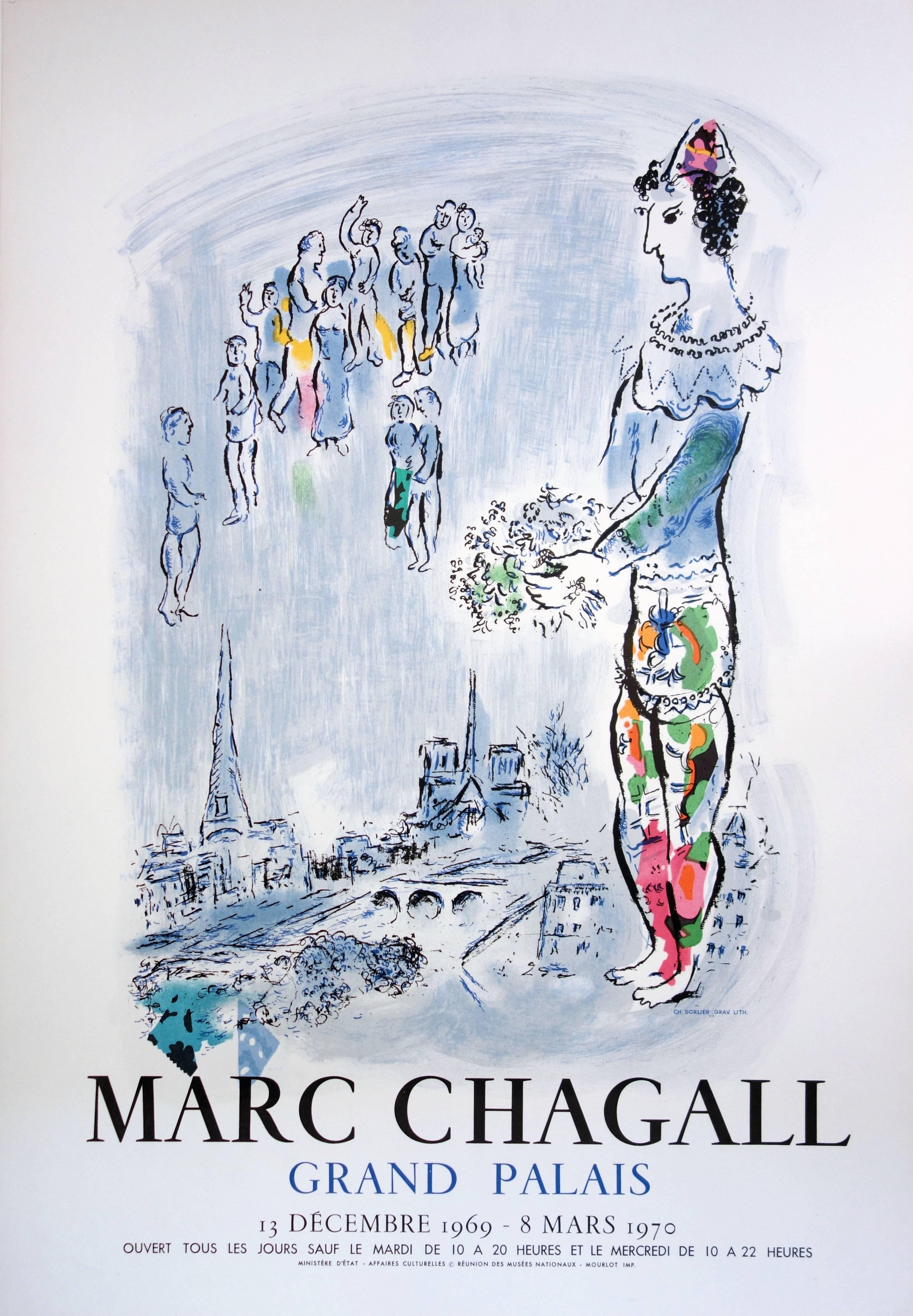 (after) Marc Chagall Figurative Print - Magician of Paris - Lithograph poster - Mourlot 1970