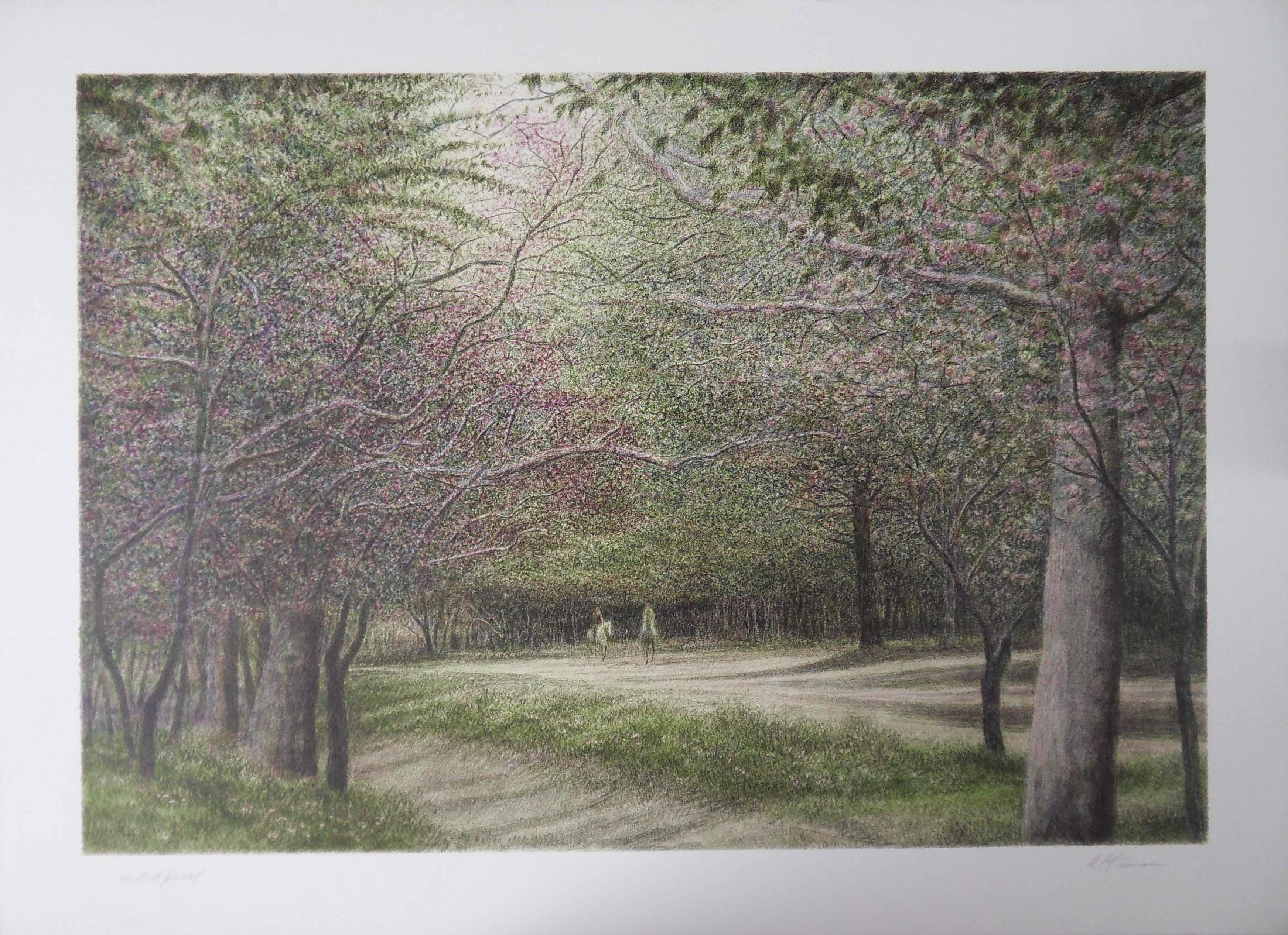 Harold Altman Landscape Print - New York : Horsemen in Central Park - Original handsigned lithograh