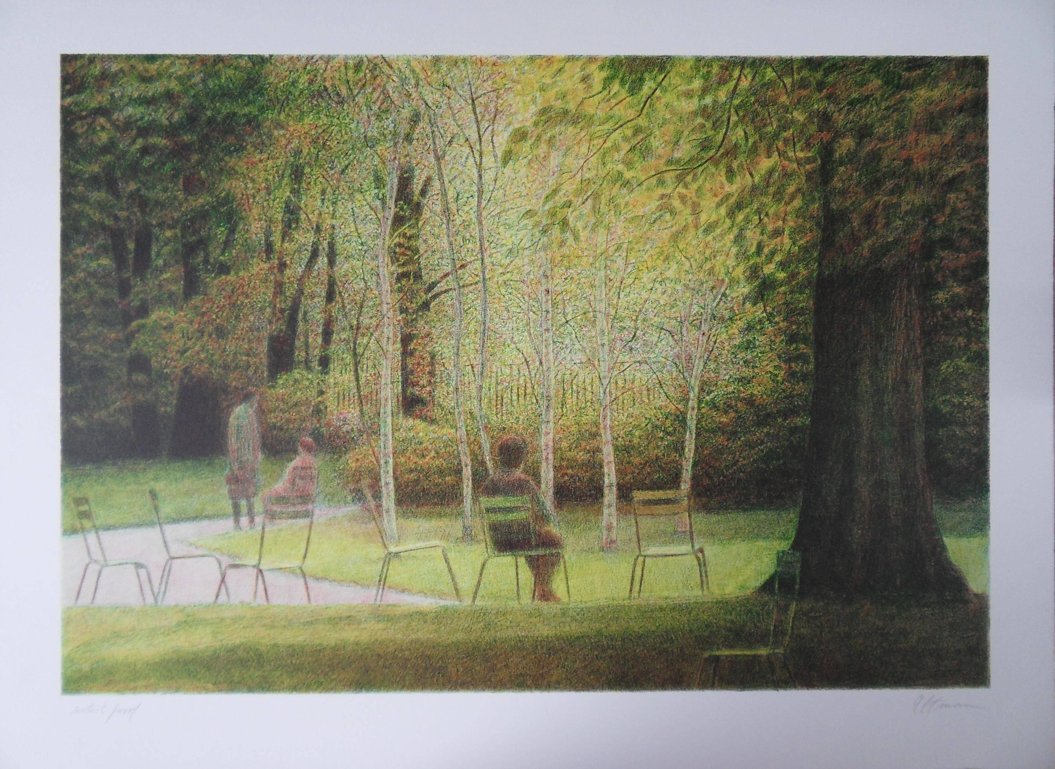 Figurative Print de Harold Altman - Nueva York : Pausa en Central Park - Litografía original firmada a mano