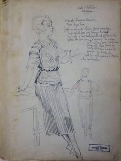 Femme française avec robe d'inspiration japonaise - Dessin au crayon - circa 1916