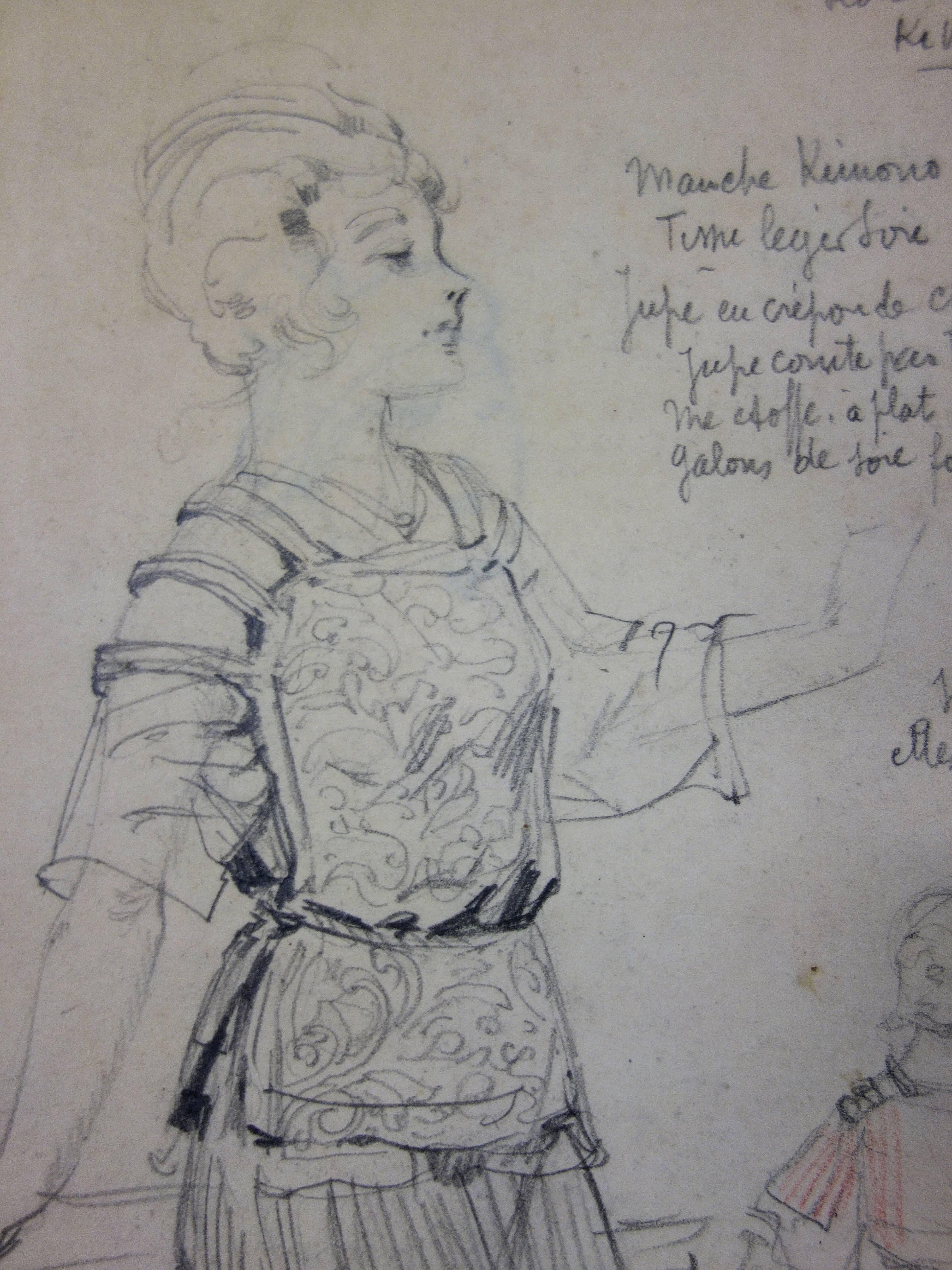 Femme française avec robe d'inspiration japonaise - Dessin au crayon - circa 1916 - Académique Art par Georges Conrad